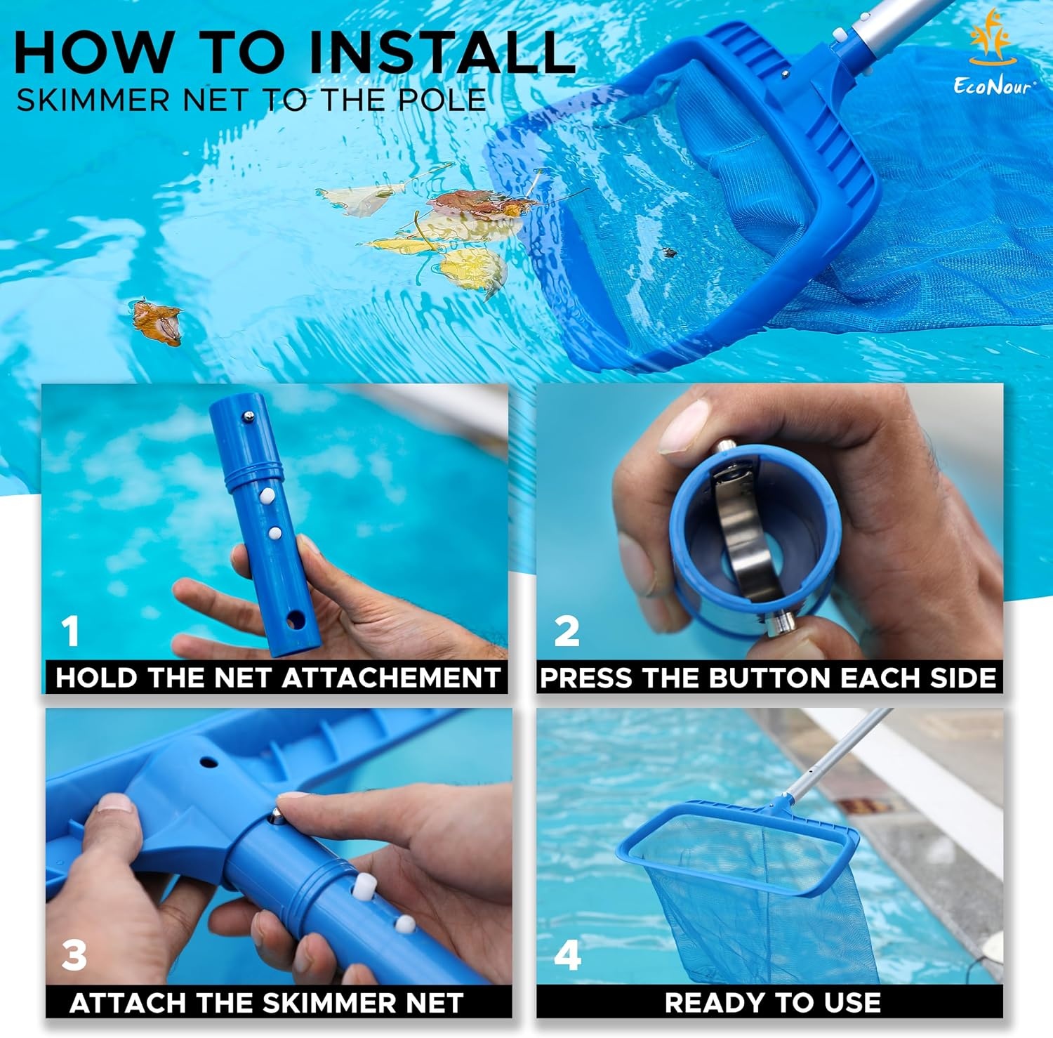 image:imageEcoNour Pool Skimmer Net Professional Heavy Duty Deep Ultra Fine Mesh Pool Leaf Rake for Cleaning Leaves and Debris Strong Frame Fits Standard Poles No PoleBlue Skimmer Net