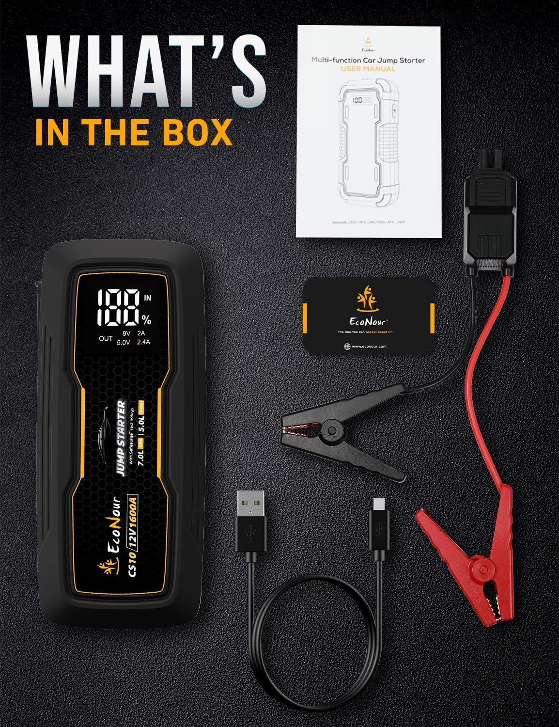 image:imageEcoNour car Battery Jump Starter 1600A Peak Up to 7L Gas amp 55L Diesel Engines 12V Lithium Jump Box with Jumper Cables USB Charger LCD Display LED Flashlight for Cars SUVs TrucksBlack