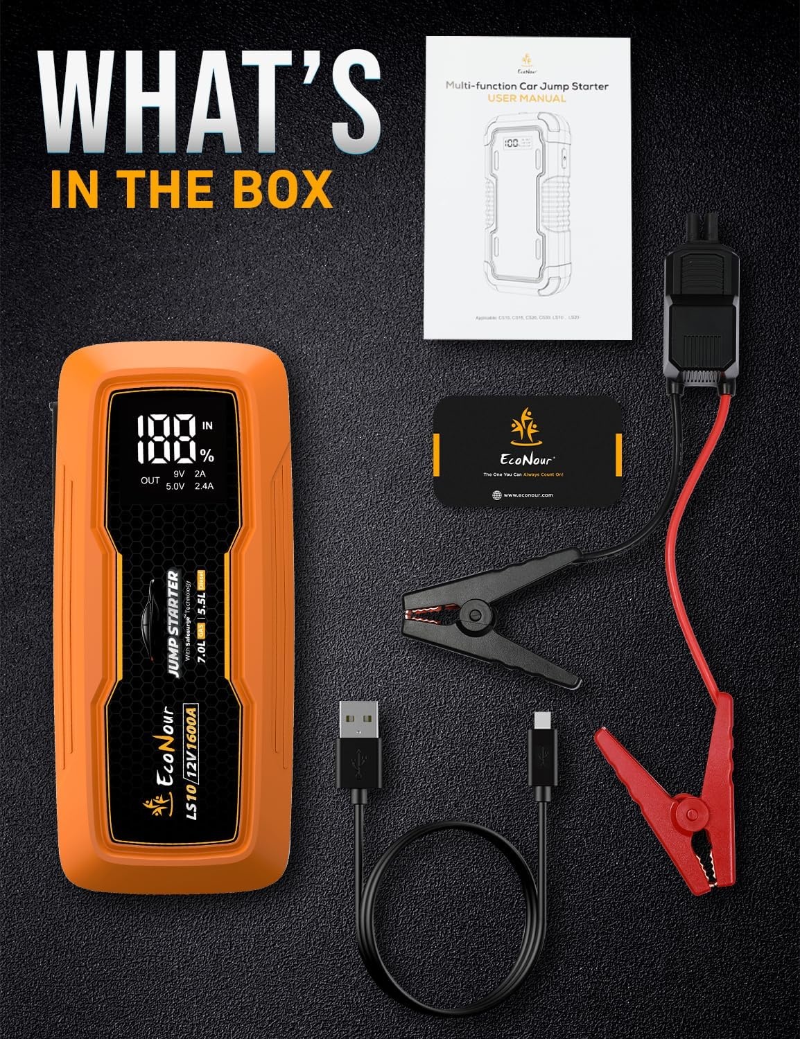 image:imageEcoNour car Battery Jump Starter 1600A Peak Up to 7L Gas amp 55L Diesel Engines 12V Lithium Jump Box with Jumper Cables USB Charger LCD Display LED Flashlight for Cars SUVs TrucksOrange