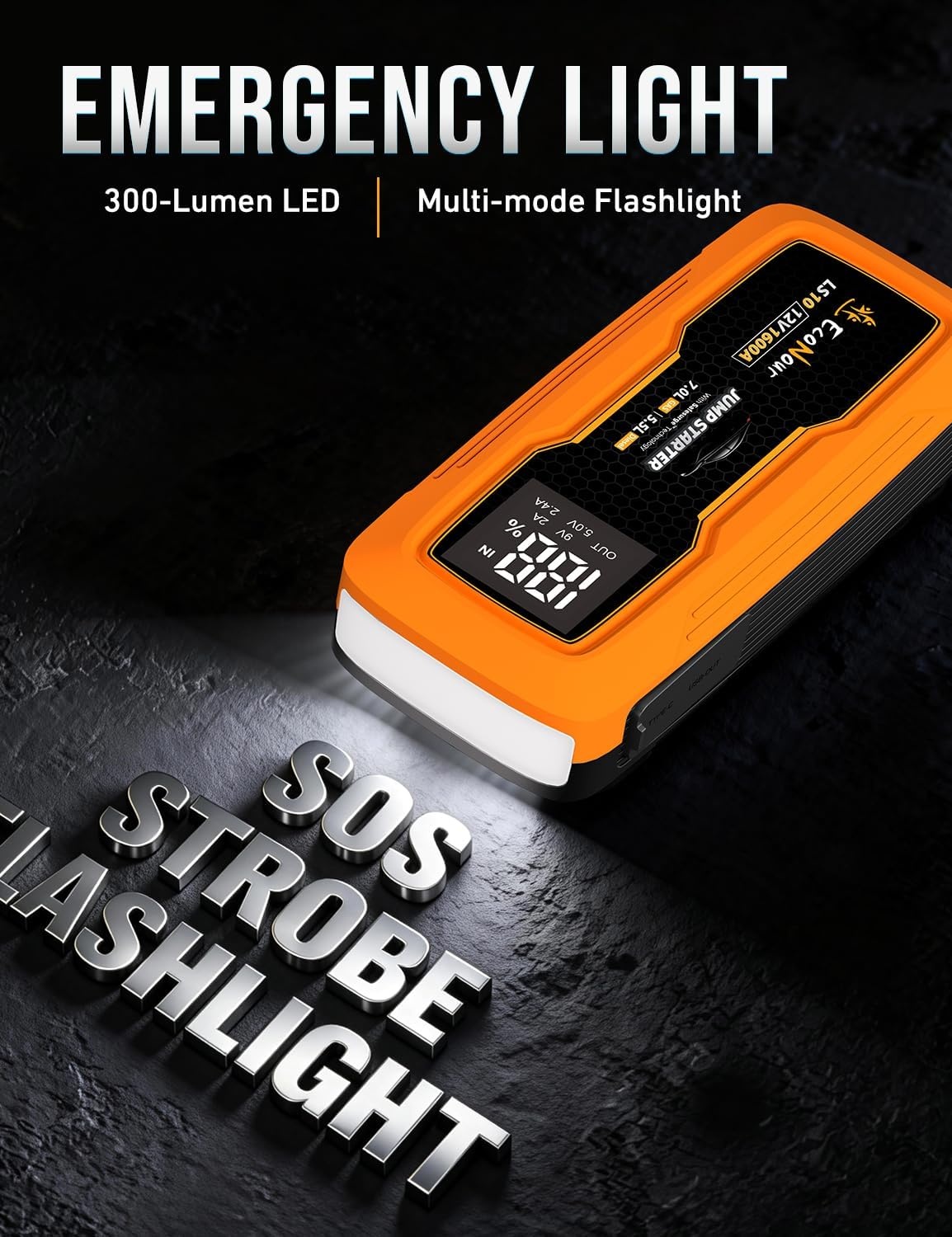 image:imageEcoNour car Battery Jump Starter 1600A Peak Up to 7L Gas amp 55L Diesel Engines 12V Lithium Jump Box with Jumper Cables USB Charger LCD Display LED Flashlight for Cars SUVs TrucksOrange