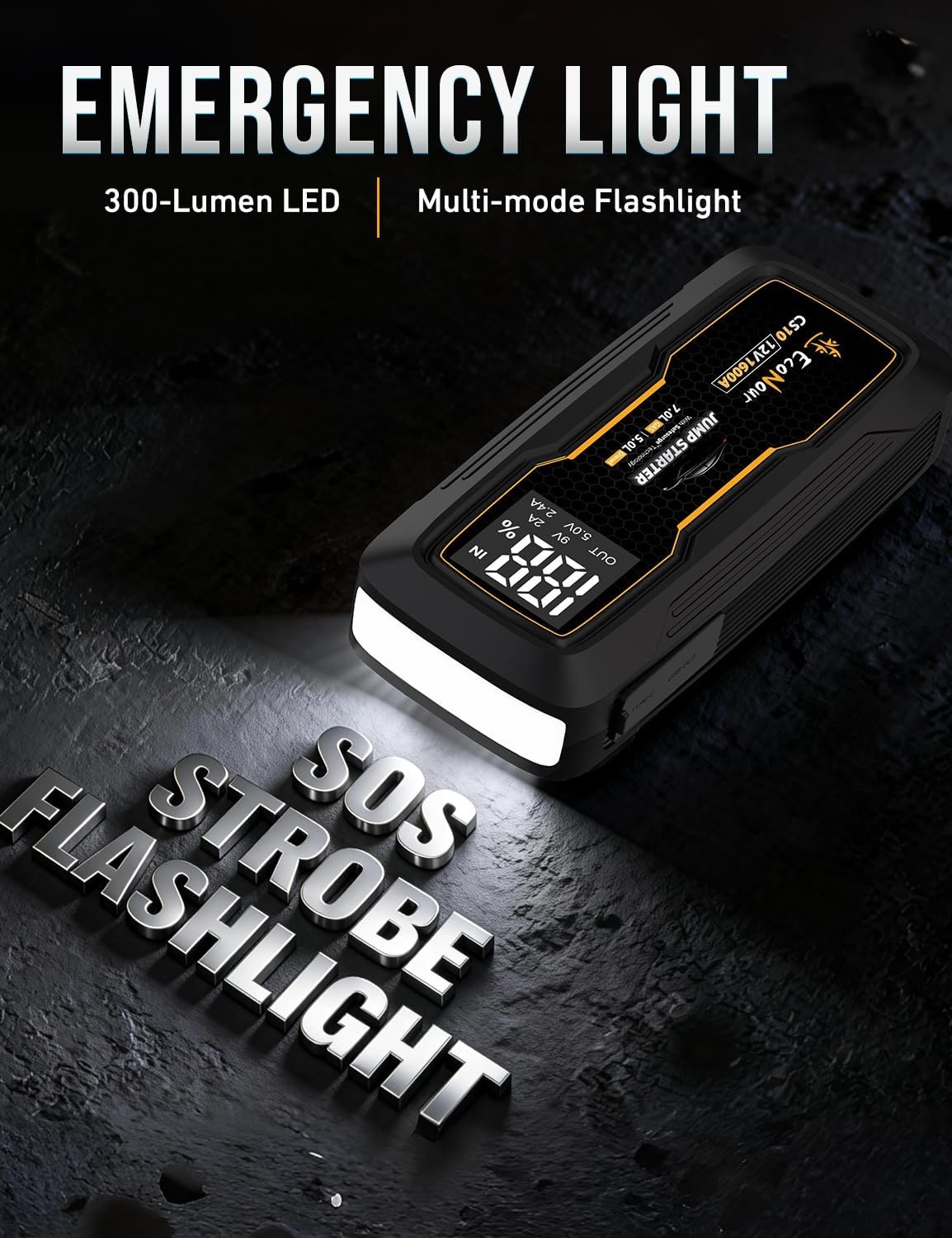 image:imageEcoNour car Battery Jump Starter 1600A Peak Up to 7L Gas amp 55L Diesel Engines 12V Lithium Jump Box with Jumper Cables USB Charger LCD Display LED Flashlight for Cars SUVs TrucksBlack