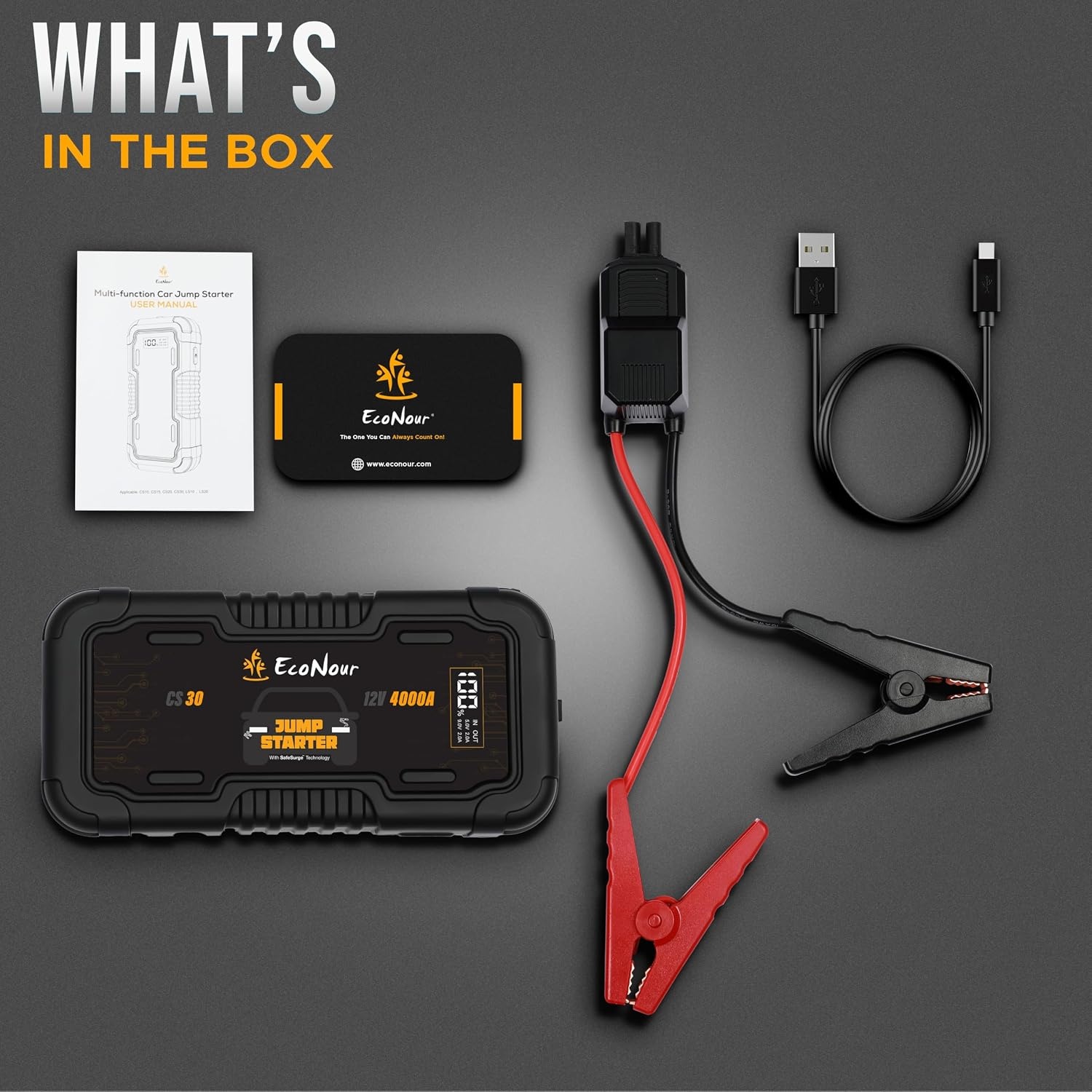 image:imageEcoNour car Battery Jump Starter 4000A Peak Up to 10L Gas amp 10L Diesel Engines 12V Lithium Jump Box with Jumper Cables USB Charger LCD Display LED Flashlight for Cars SUVs TrucksBlack