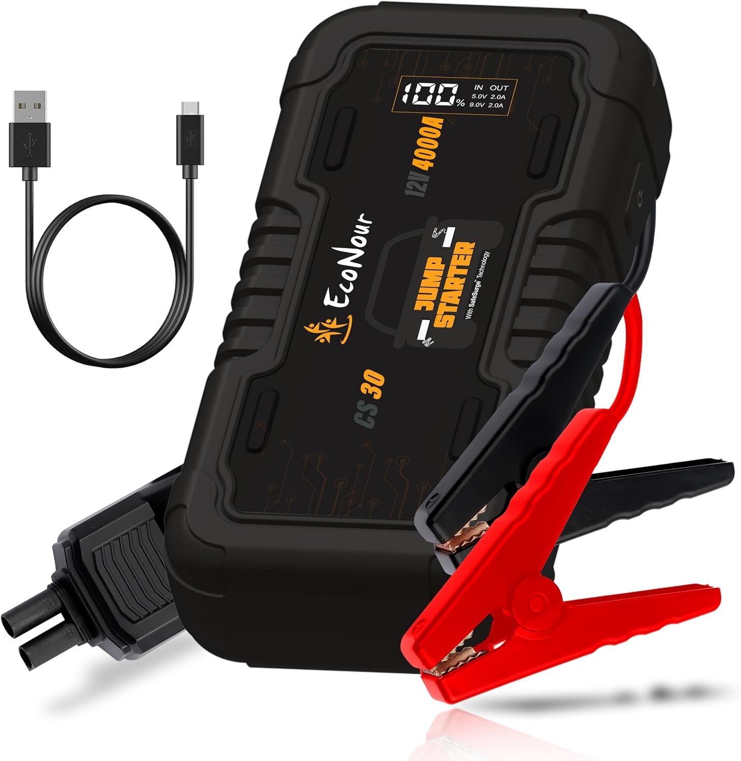 image:imageEcoNour car Battery Jump Starter 4000A Peak Up to 10L Gas amp 10L Diesel Engines 12V Lithium Jump Box with Jumper Cables USB Charger LCD Display LED Flashlight for Cars SUVs TrucksBlack