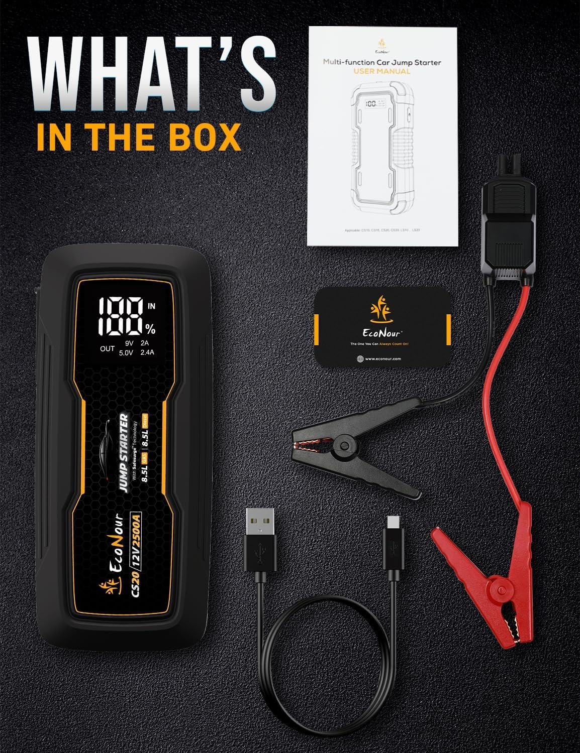 image:imageEcoNour car Battery Jump Starter 4000A Peak Up to 10L Gas amp 10L Diesel Engines 12V Lithium Jump Box with Jumper Cables USB Charger LCD Display LED Flashlight for Cars SUVs TrucksBlack
