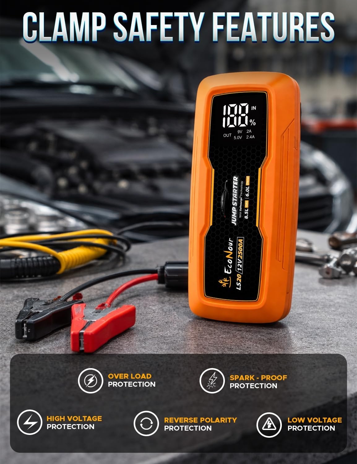 image:imageEcoNour car Battery Jump Starter 4000A Peak Up to 10L Gas amp 10L Diesel Engines 12V Lithium Jump Box with Jumper Cables USB Charger LCD Display LED Flashlight for Cars SUVs TrucksOrange
