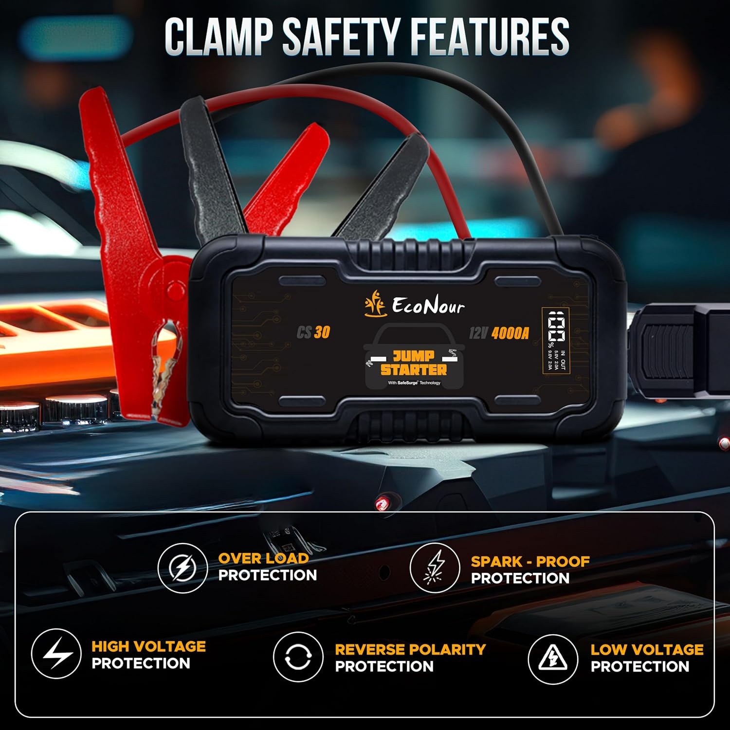 image:imageEcoNour car Battery Jump Starter 4000A Peak Up to 10L Gas amp 10L Diesel Engines 12V Lithium Jump Box with Jumper Cables USB Charger LCD Display LED Flashlight for Cars SUVs TrucksBlack