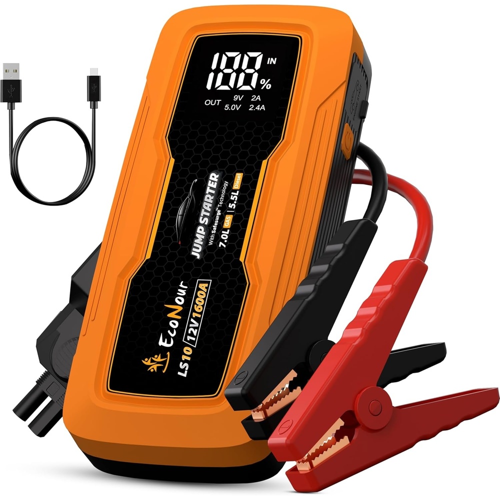 image:imageEcoNour car Battery Jump Starter 1600A Peak Up to 7L Gas amp 55L Diesel Engines 12V Lithium Jump Box with Jumper Cables USB Charger LCD Display LED Flashlight for Cars SUVs TrucksOrange