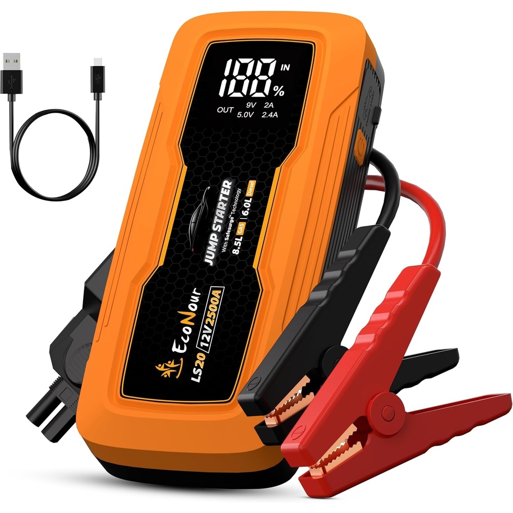 image:imageEcoNour car Battery Jump Starter 4000A Peak Up to 10L Gas amp 10L Diesel Engines 12V Lithium Jump Box with Jumper Cables USB Charger LCD Display LED Flashlight  for Cars SUVs TrucksOrange