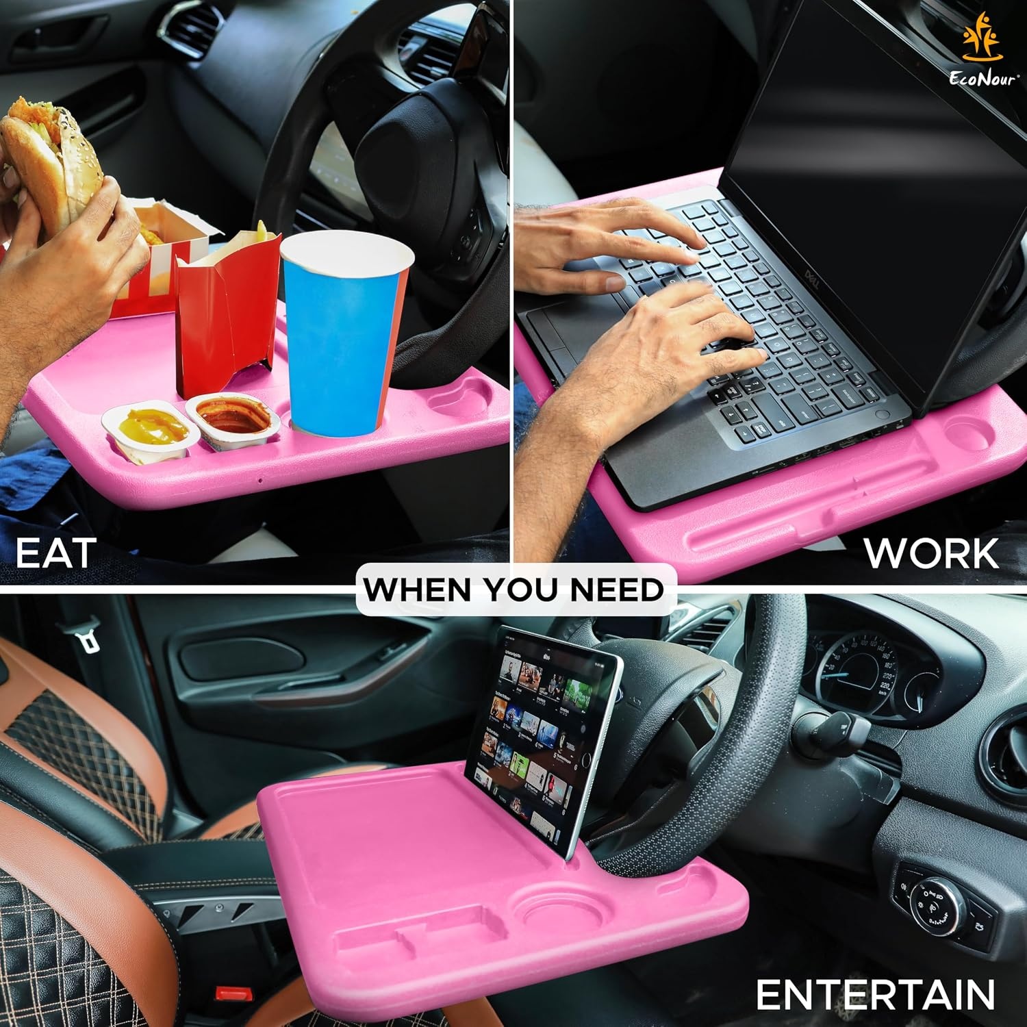 image:imageEcoNour 2 in 1 Car Steering Wheel Desk Lap Desk for Convenient Working Bamboo Trays for Eating Interior Accessories for Truck Drivers Lightweight Wooden Tray with Easy StorageLargePink