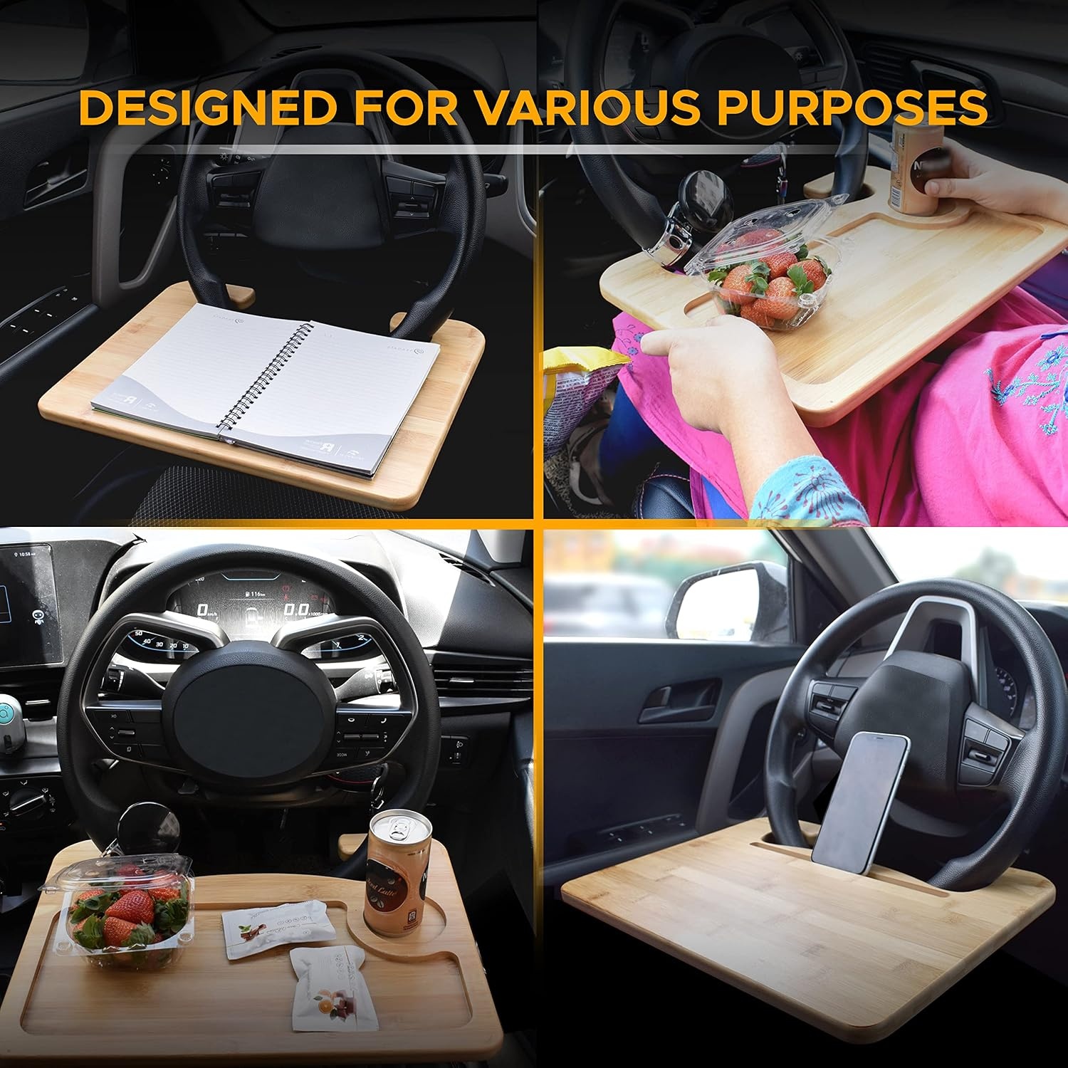 image:imageEcoNour 2 in 1 Car Steering Wheel Desk Lap Desk for Convenient Working Bamboo Trays for Eating Interior Accessories for Truck Drivers Lightweight Wooden Tray with Easy StorageMediumWood