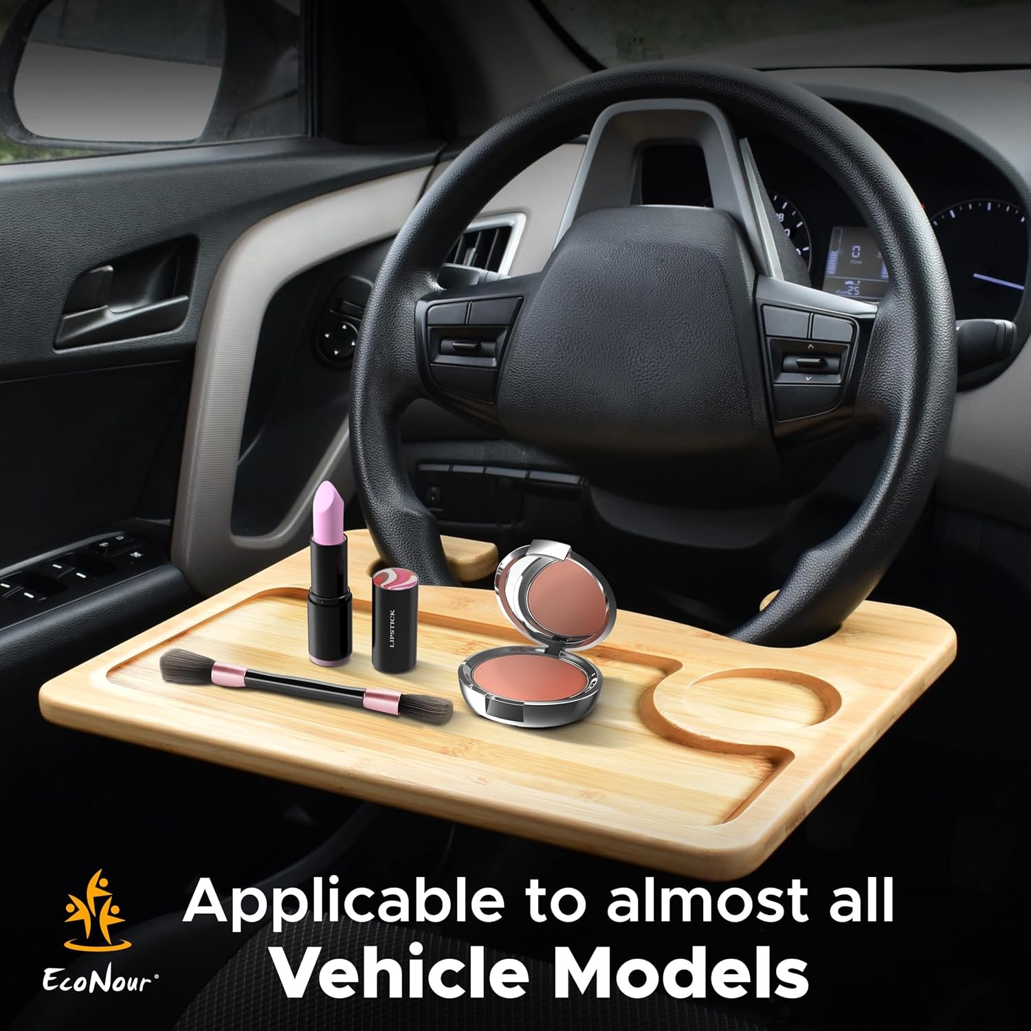 image:imageEcoNour 2 in 1 Car Steering Wheel Desk Lap Desk for Convenient Working Bamboo Trays for Eating Interior Accessories for Truck Drivers Lightweight Wooden Tray with Easy StorageMediumWood
