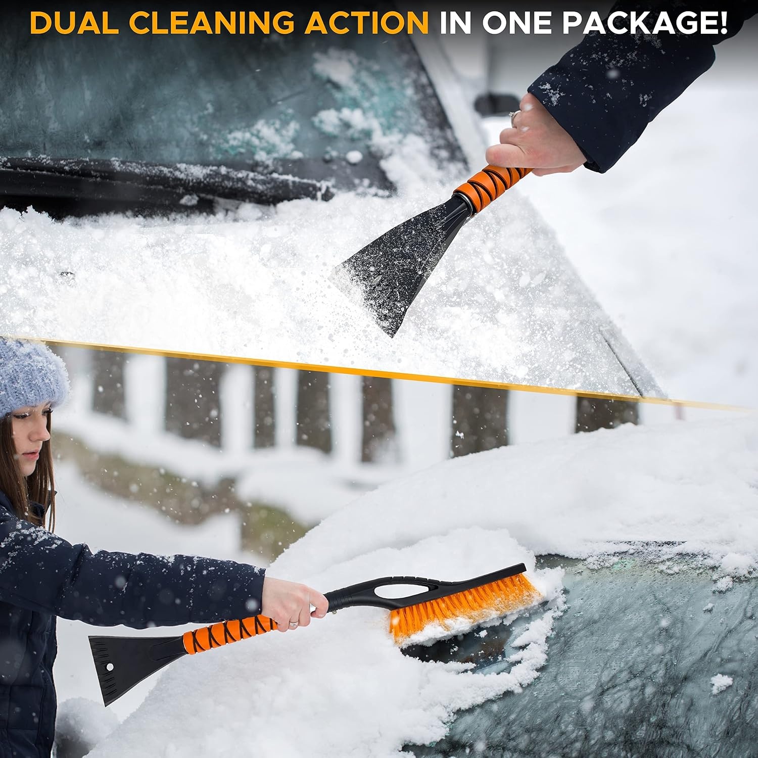 image:imageEcoNour 27 Car Snow Scraper amp Brush Extendable Snow Brush amp Ice Scraper for Car Windshield ScratchFree Bristles 3in1 Snow Brush with 360 Pivoting Head Snow Scraper with Foam Grip