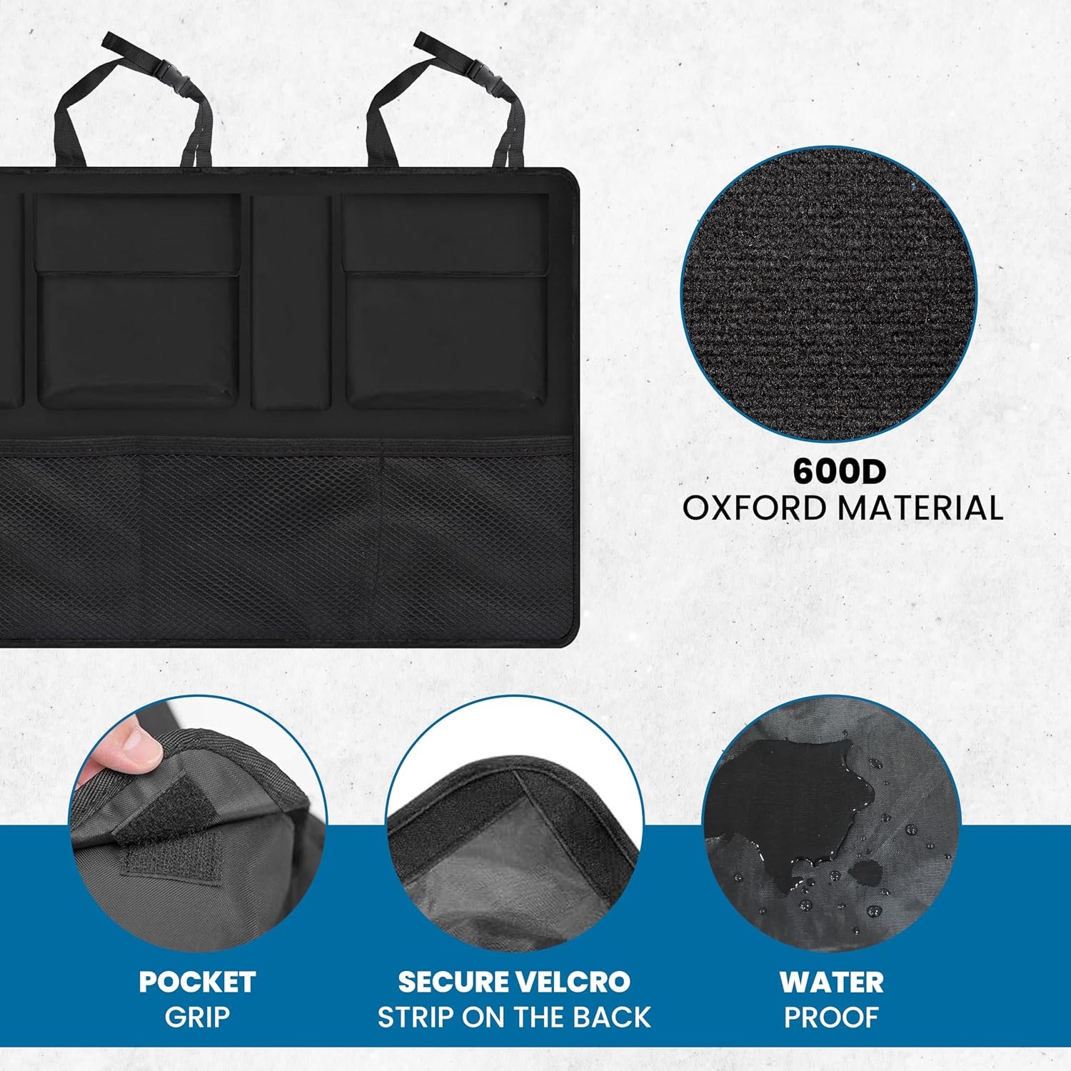 image:imageEcoNour Backseat Trunk Organizer 42 x20 Inches Car Storage with 9 Spacious Pockets Waterproof HeavyDuty Hanging Organizer for SUVs Trucks amp Hatchbacks SpaceSaving Foldable amp Easy to Install42 x 20 inches