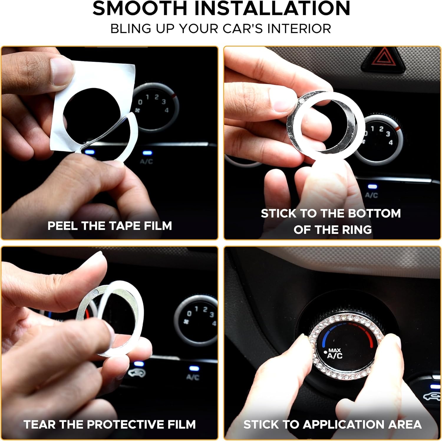image:imageEcoNour Bling Cup Holder Insert 2 Pack with Push Start Button Ring 1 Pack 275 Inch Silicone Coaster Pad and 15 Inch Ring with Elegant Crystal Rhinestone Car Interior Accessories Black