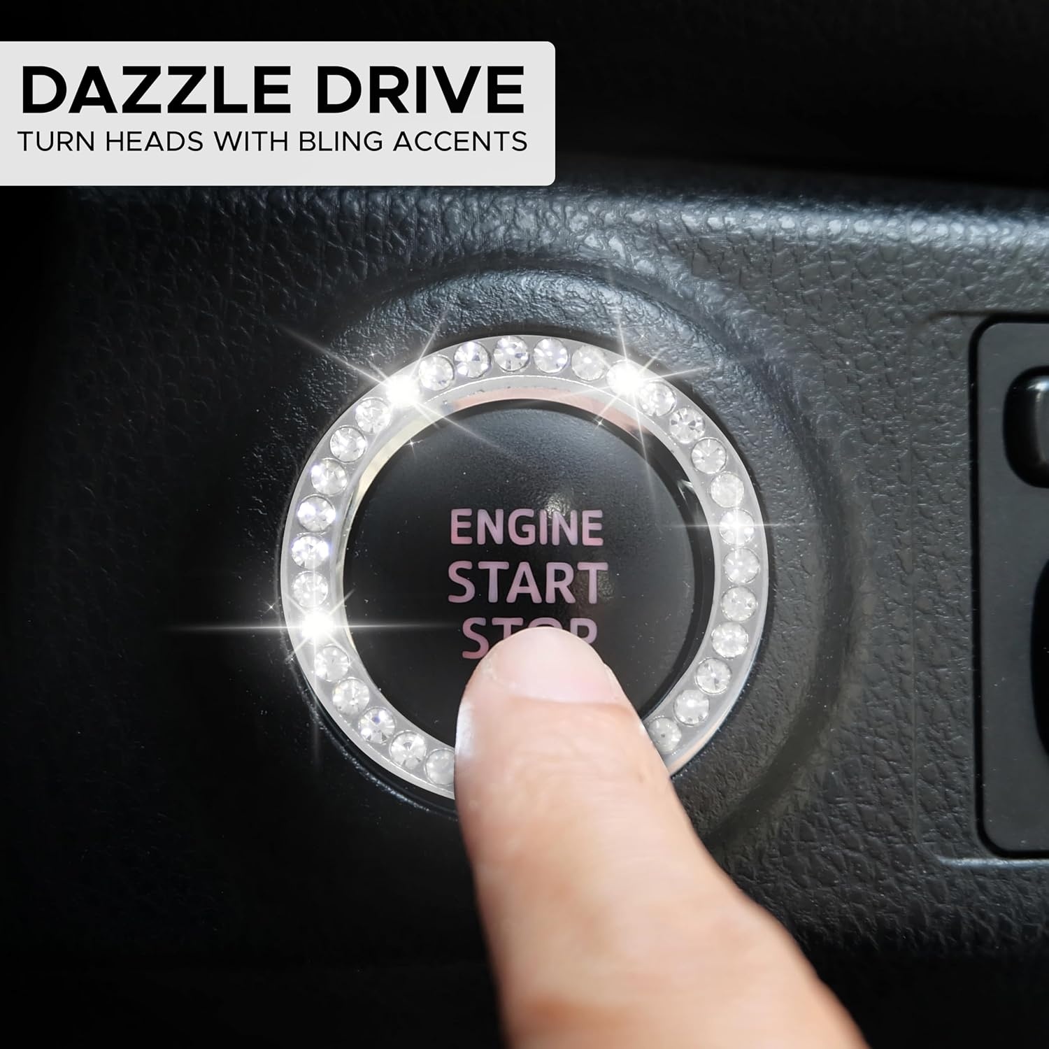 image:imageEcoNour Bling Cup Holder Insert 2 Pack with Push Start Button Ring 1 Pack 275 Inch Silicone Coaster Pad and 15 Inch Ring with Elegant Crystal Rhinestone Car Interior Accessories Black