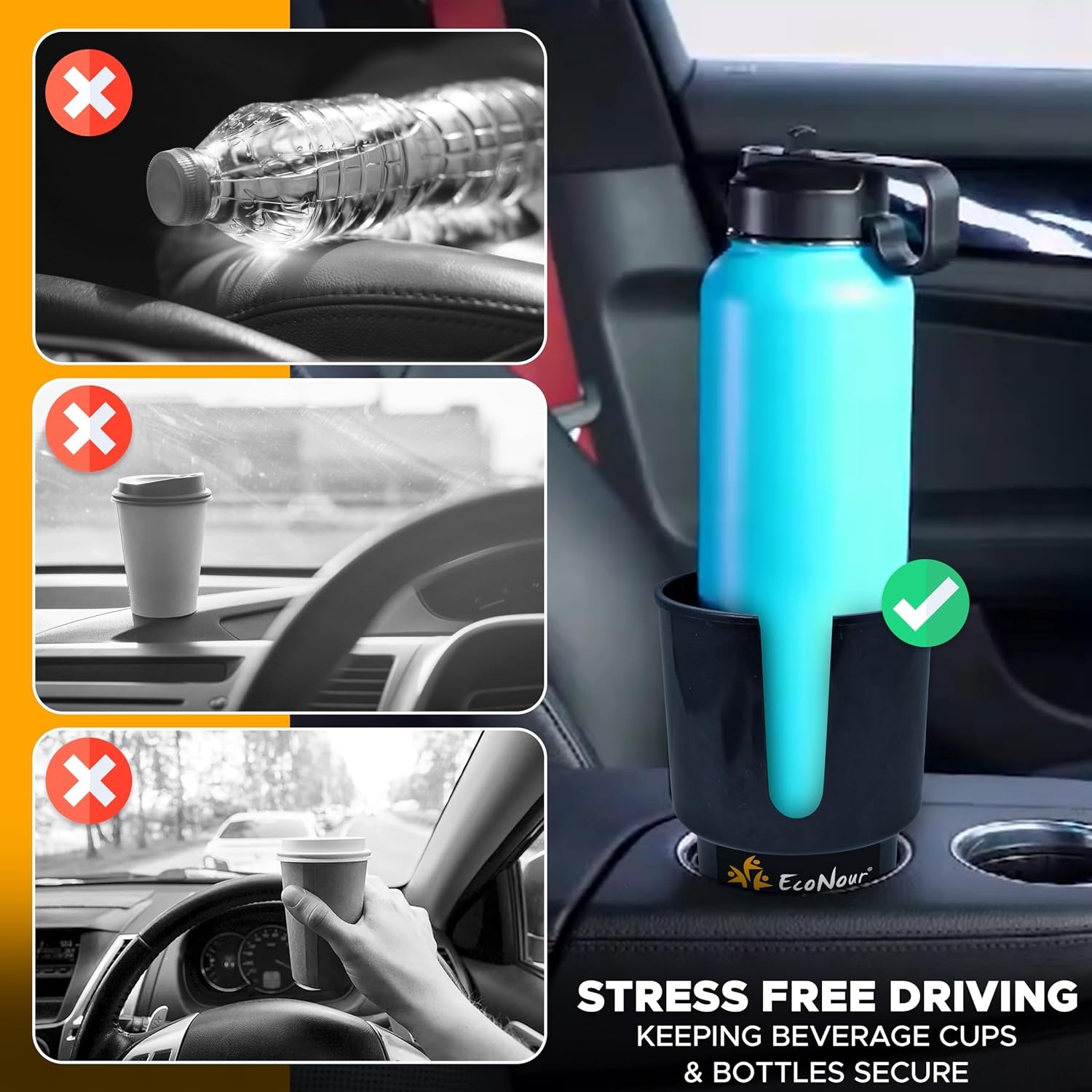 image:imageEcoNour Car Cup Holder Expander Fits 3240 oz Hydro Flasks Yeti Nalgene amp Large Bottles up to 38 Universal Cup Adapter for Cars with 32 Holders BlackStandard Cup Holder