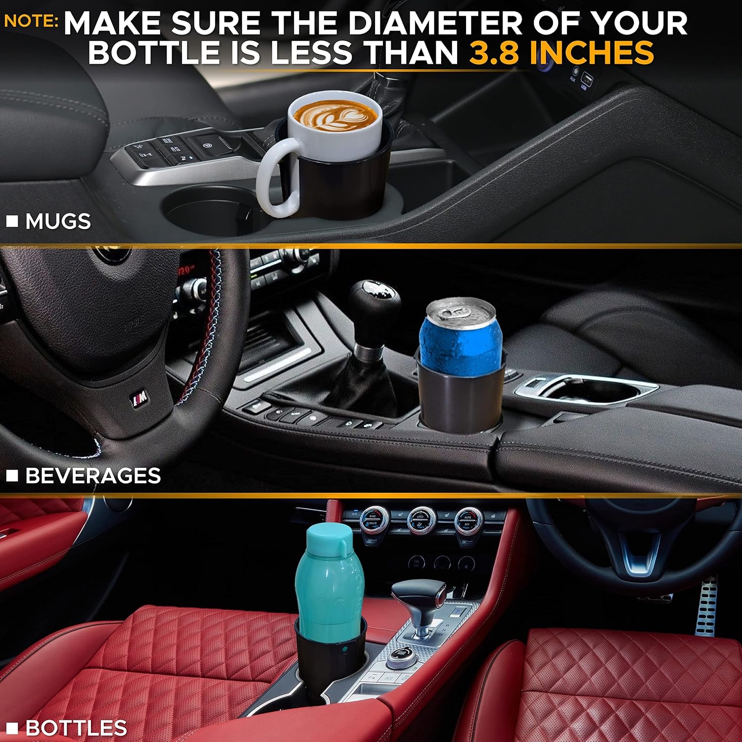 image:imageEcoNour Car Cup Holder Expander Fits 3240 oz Hydro Flasks Yeti Nalgene amp Large Bottles up to 38 Universal Cup Adapter for Cars with 32 Holders BlackStandard Cup Holder