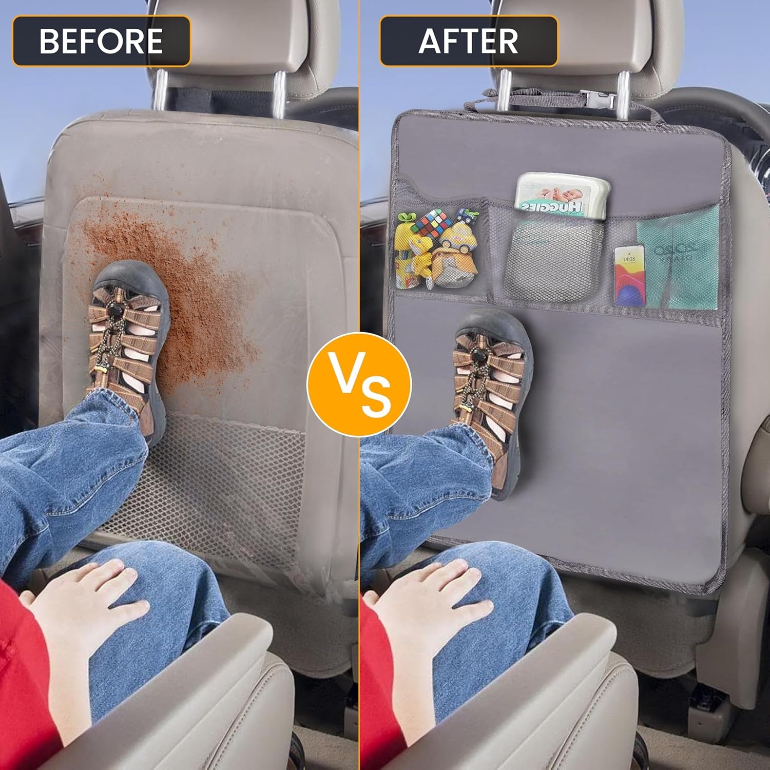 image:imageEcoNour Car Kick Mats Back Seat Protector 2 PackCar Seat Protector Backseat Organizer with Storage Pockets for KidsWaterproof Back Seat CoverDirtMud amp Scratch Protection Travel AccessoriesGrey 22 Inch