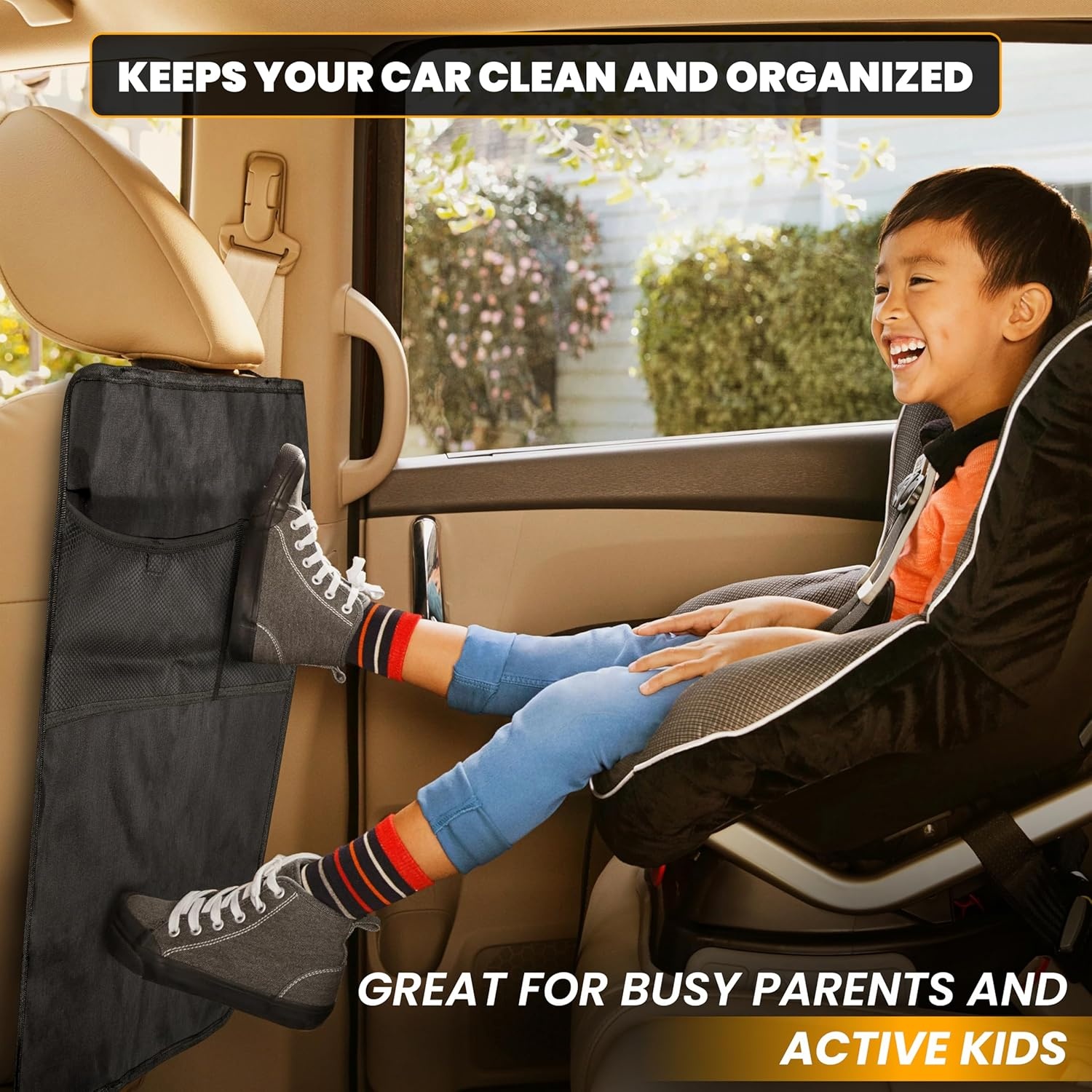 image:imageEcoNour Car Kick Mats Back Seat Protector 2 PackCar Seat Protector Backseat Organizer with Storage Pockets for KidsWaterproof Back Seat CoverDirtMud amp Scratch Protection Travel AccessoriesBlack 27 Inch