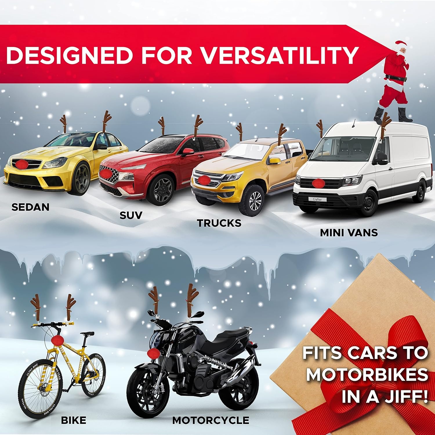 image:imageEcoNour Car Reindeer Antlers for Christmas Xmas Car Decoration Kit with Reindeer Antler Jingle Bells amp Nose Rudolph Car Kit as Christmas Car Setup and Holiday Accessories Decoration