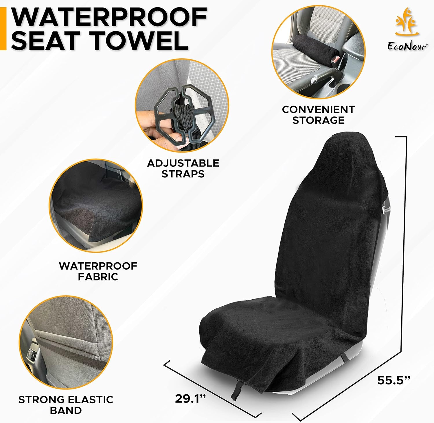 image:imageEcoNour Car Seat Cover Sweat Towel Waterproof Universal Seat Protector for Gym Workout Swimming Camping amp Dog Travel Washable Car Seat Cover for Cars Trucks SUVs amp Vans Black 29 x 555Black