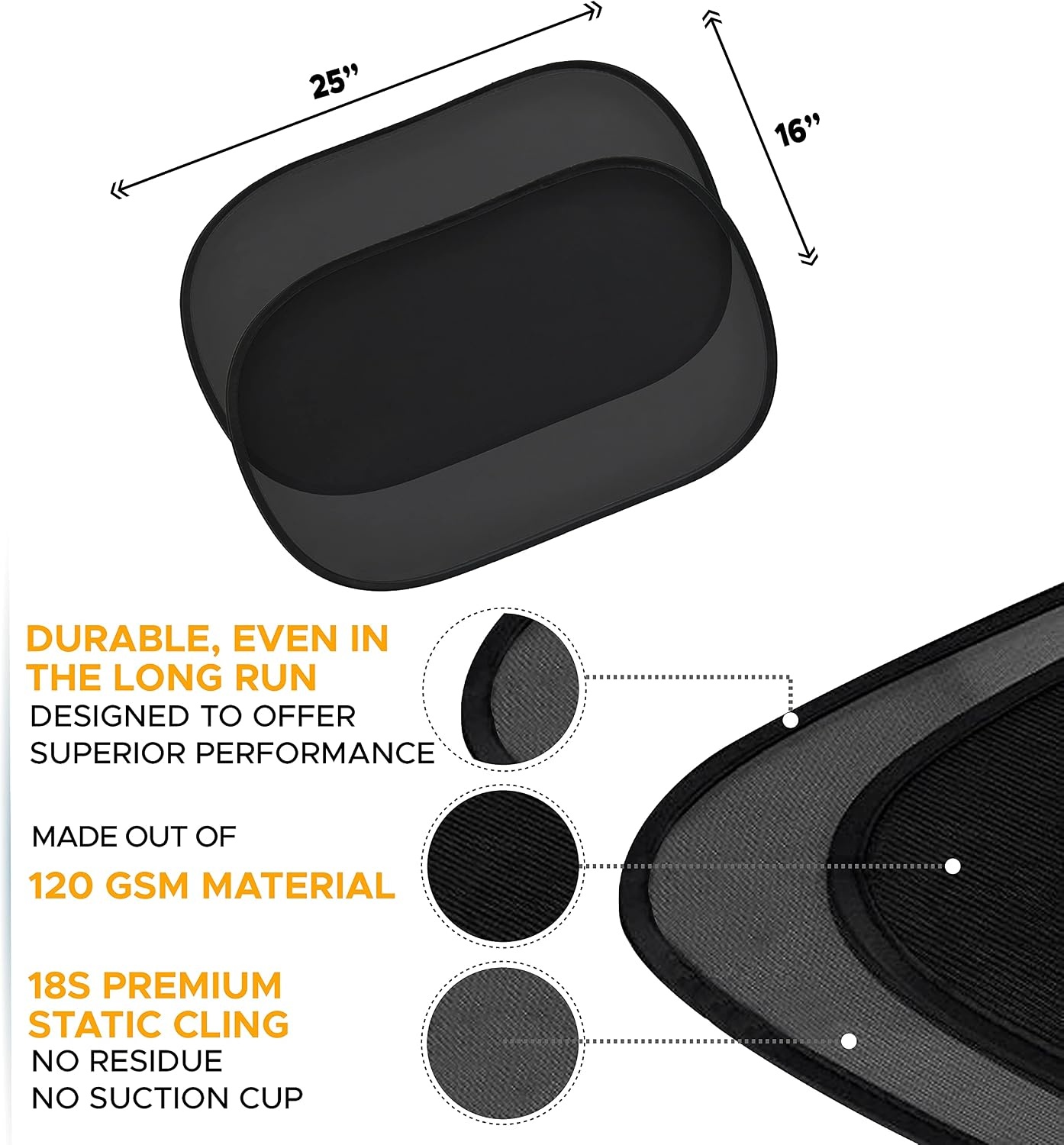 image:imageEcoNour Car Side Window Shade 25x16 XL 2 Pack 120 GSM Large Size Cling Sunshade for Truck SUV Minivan and Car Window