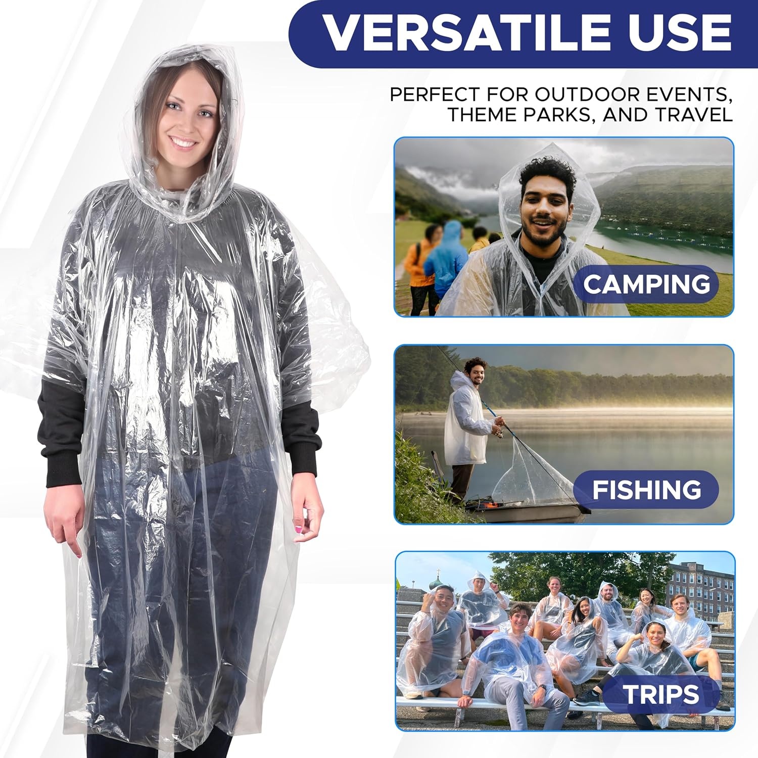image:imageEcoNour Disposable Family Pack Rain Poncho Adult Transparent amp Emergency Rain Ponchos Lightweight Hooded RaincoatTransparent Pack of 5