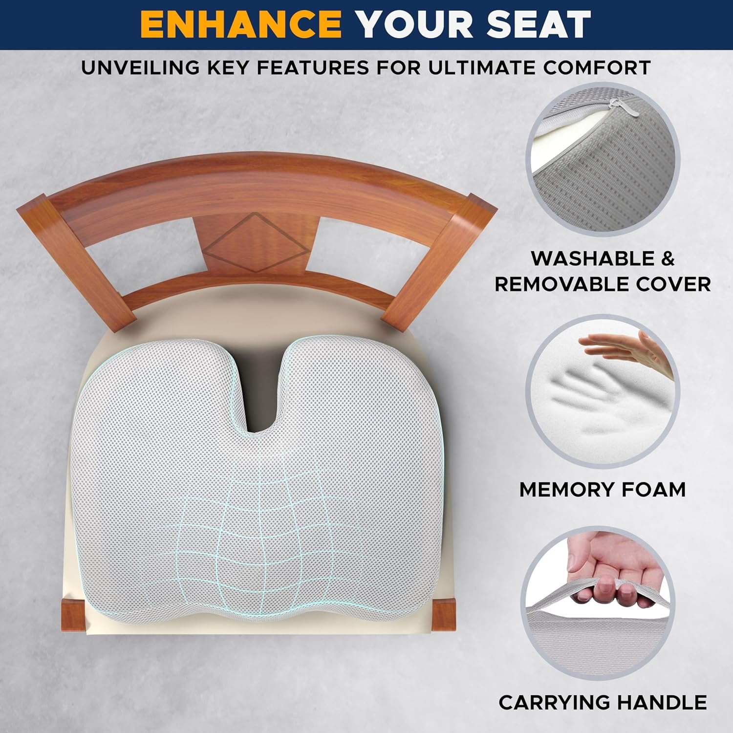 image:imageEcoNour Gel Seat Cushion Office Chair Cushions for Sciatica amp Tailbone Pain Relief Coccyx Memory Foam Desk Chair Support amp Car Seat Cushion Back Pain Relief Pillow for Long SittingGrey