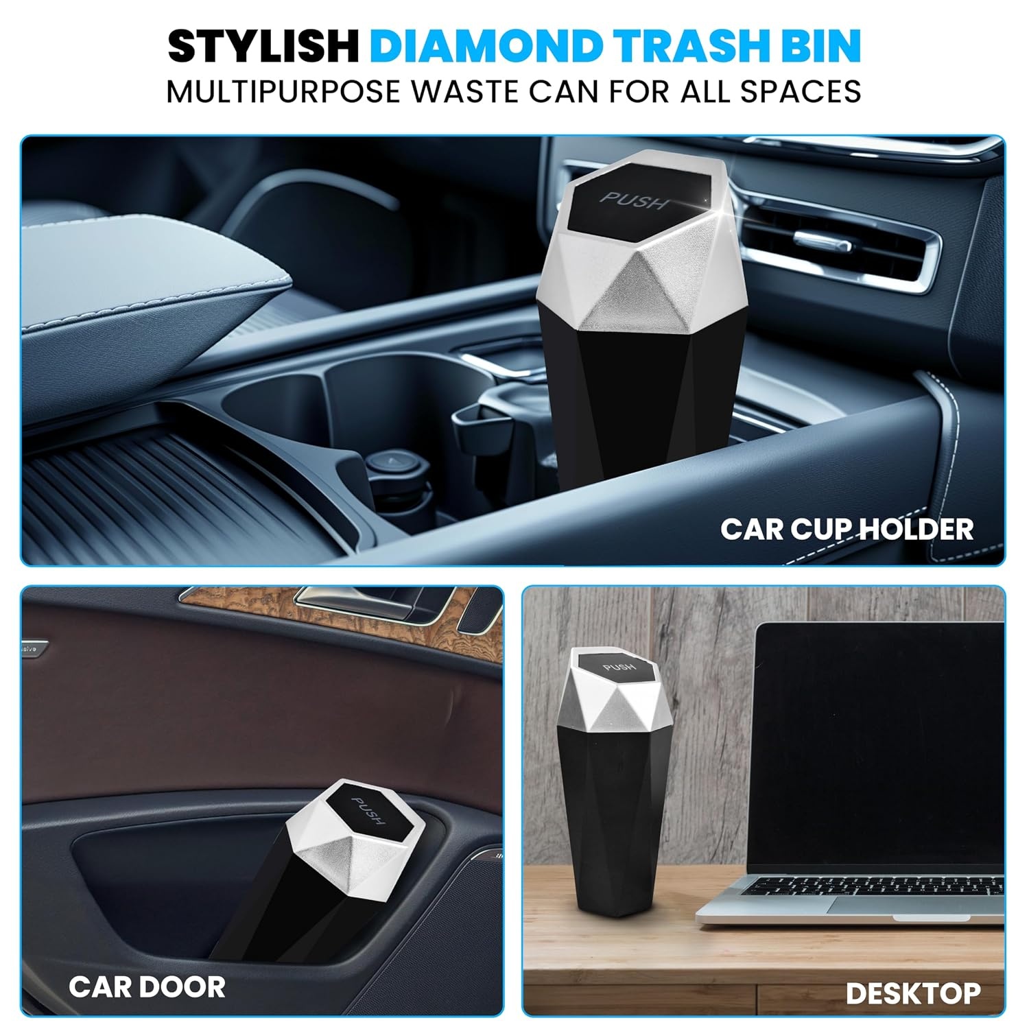 image:imageEcoNour Mini Trash Can with Lid 2 Pack Small Car Trash Can Cup Holder Leakproof Trash Bin with 30 pcs Garbage Bags for Car Home amp OfficeDiamond Mini Trash Can with Lid