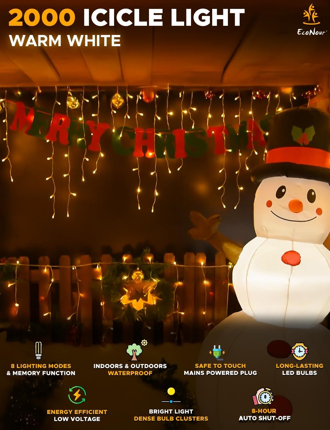 image:imageEcoNour Warm White Easter Icicle Lights for Outside 19685 FT 2000LED Outdoor Icicle Lights with 8 Mode 8HR Timer Memory Function Clear Wire connectable Plug in Fairy Lights for Roofline YardWarm White
