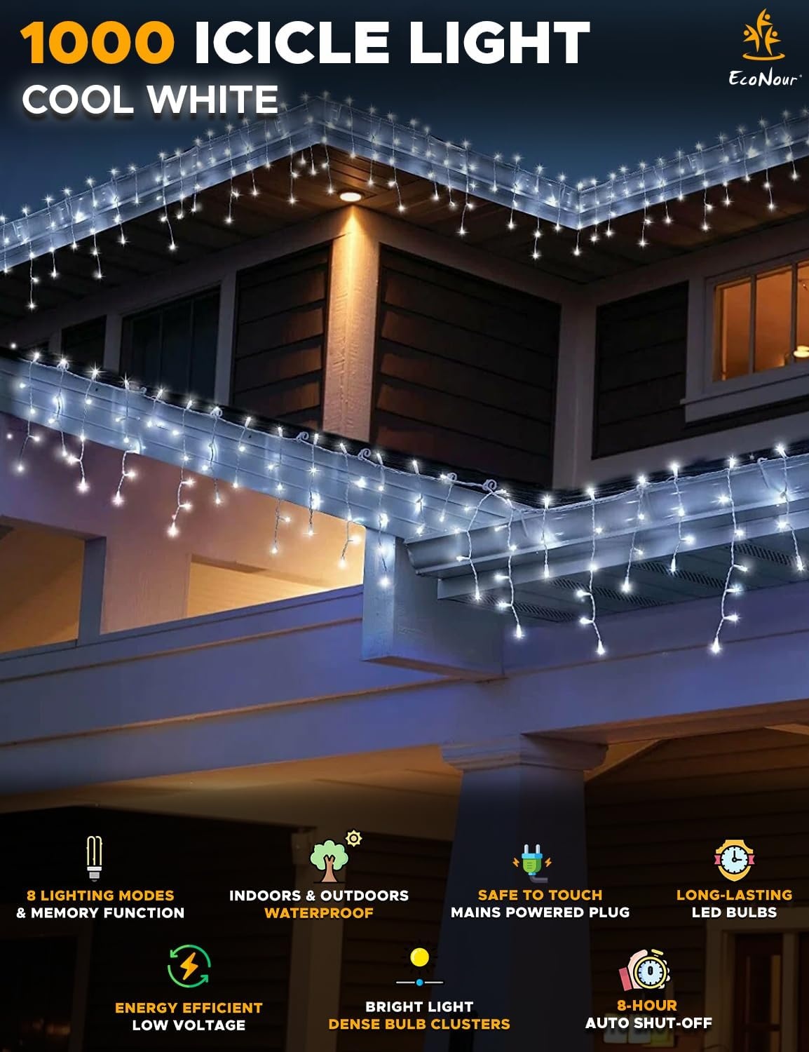image:imageEcoNour Warm White Easter Icicle Lights for Outside 19685 FT 2000LED Outdoor Icicle Lights with 8 Mode 8HR Timer Memory Function Clear Wire connectable Plug in Fairy Lights for Roofline YardCool White