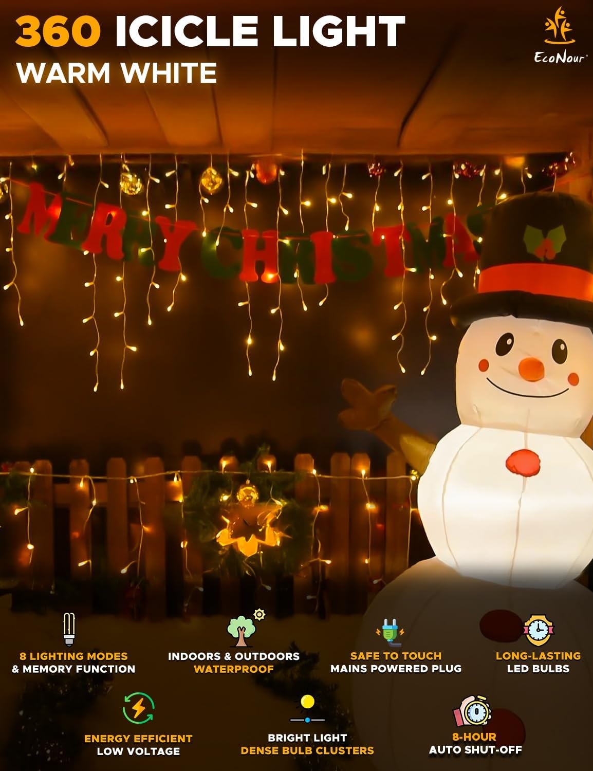 image:imageEcoNour Warm White Easter Icicle Lights for Outside 19685 FT 2000LED Outdoor Icicle Lights with 8 Mode 8HR Timer Memory Function Clear Wire connectable Plug in Fairy Lights for Roofline YardWarm White