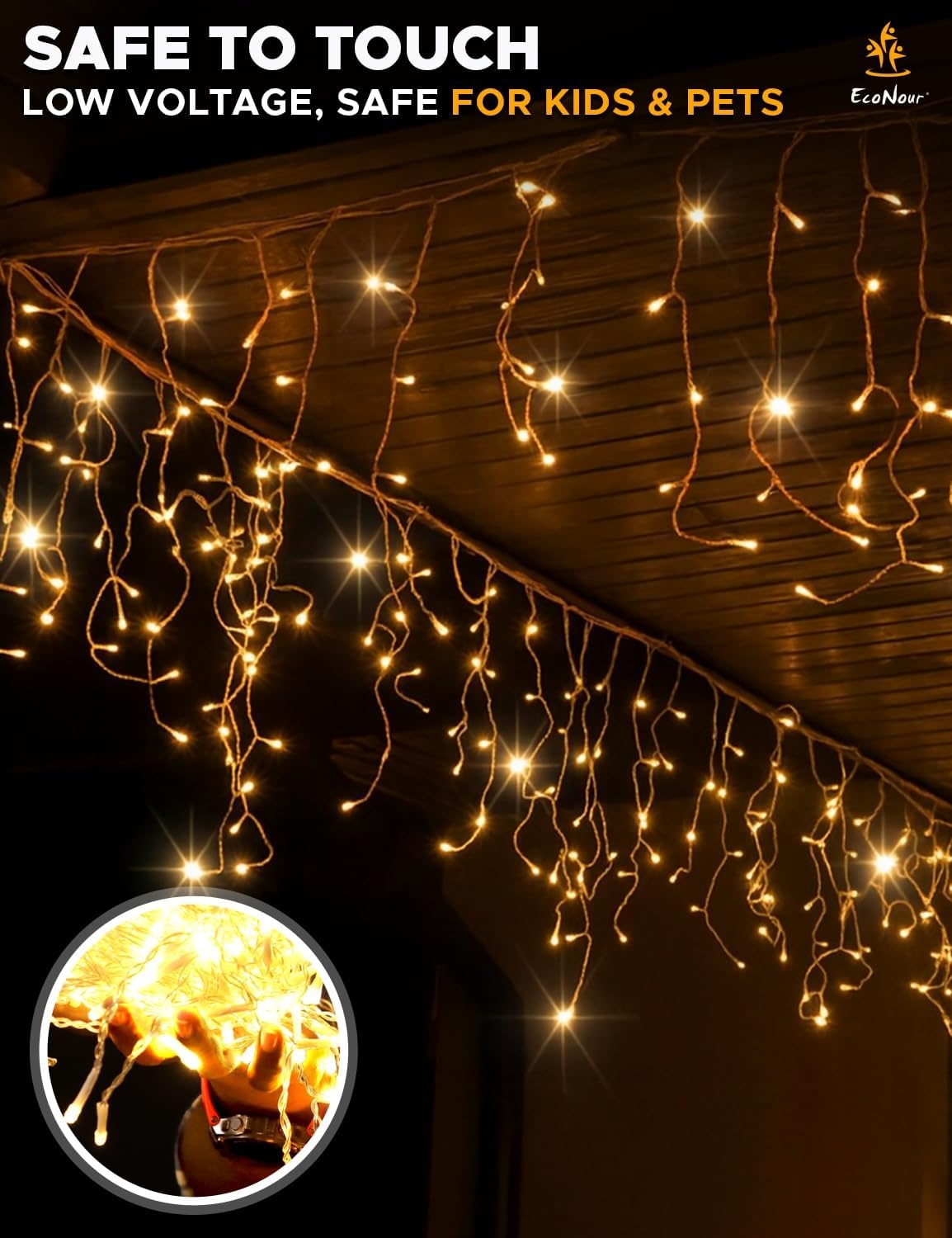 image:imageEcoNour Warm White Easter Icicle Lights for Outside 19685 FT 2000LED Outdoor Icicle Lights with 8 Mode 8HR Timer Memory Function Clear Wire connectable Plug in Fairy Lights for Roofline YardWarm White