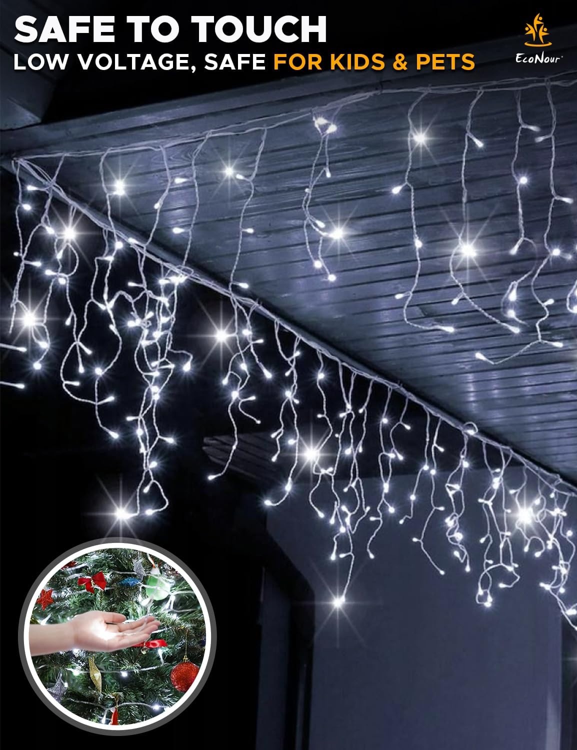 image:imageEcoNour Warm White Easter Icicle Lights for Outside 19685 FT 2000LED Outdoor Icicle Lights with 8 Mode 8HR Timer Memory Function Clear Wire connectable Plug in Fairy Lights for Roofline YardCool White