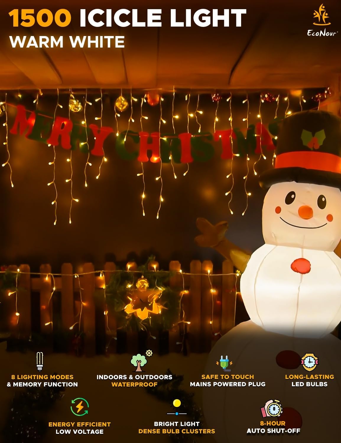 image:imageEcoNour Warm White Easter Icicle Lights for Outside 19685 FT 2000LED Outdoor Icicle Lights with 8 Mode 8HR Timer Memory Function Clear Wire connectable Plug in Fairy Lights for Roofline YardWarm White