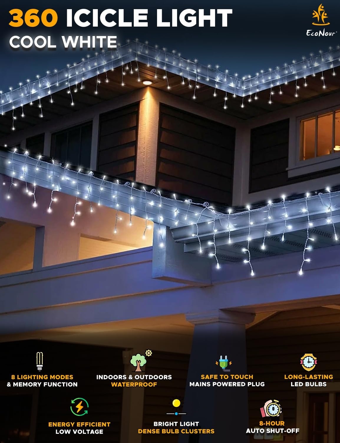 image:imageEcoNour Warm White Easter Icicle Lights for Outside 19685 FT 2000LED Outdoor Icicle Lights with 8 Mode 8HR Timer Memory Function Clear Wire connectable Plug in Fairy Lights for Roofline YardCool White