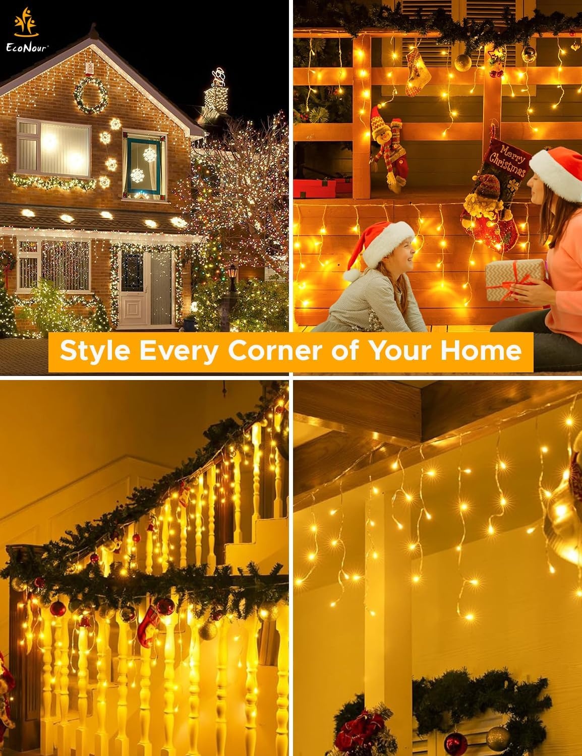 image:imageEcoNour Warm White Easter Icicle Lights for Outside 19685 FT 2000LED Outdoor Icicle Lights with 8 Mode 8HR Timer Memory Function Clear Wire connectable Plug in Fairy Lights for Roofline YardWarm White