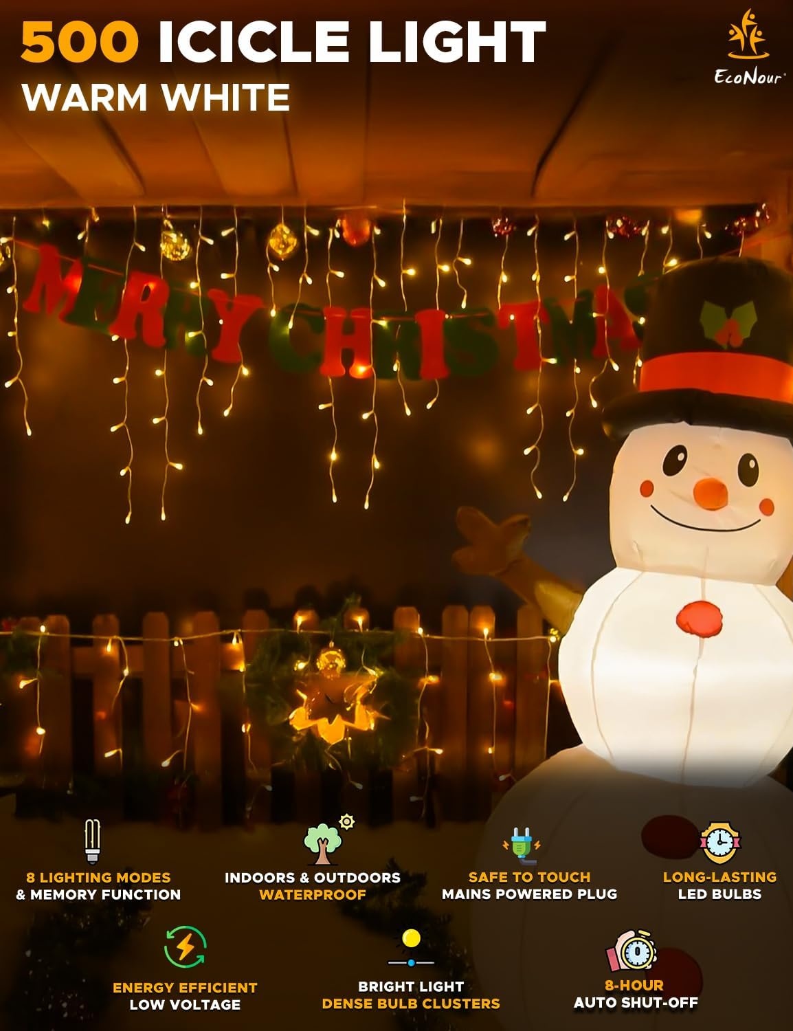 image:imageEcoNour Warm White Easter Icicle Lights for Outside 19685 FT 2000LED Outdoor Icicle Lights with 8 Mode 8HR Timer Memory Function Clear Wire connectable Plug in Fairy Lights for Roofline YardWarm White