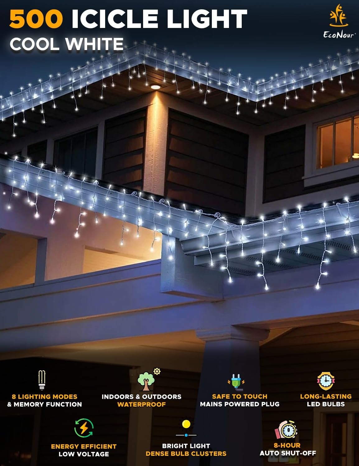 image:imageEcoNour Warm White Easter Icicle Lights for Outside 19685 FT 2000LED Outdoor Icicle Lights with 8 Mode 8HR Timer Memory Function Clear Wire connectable Plug in Fairy Lights for Roofline YardCool White