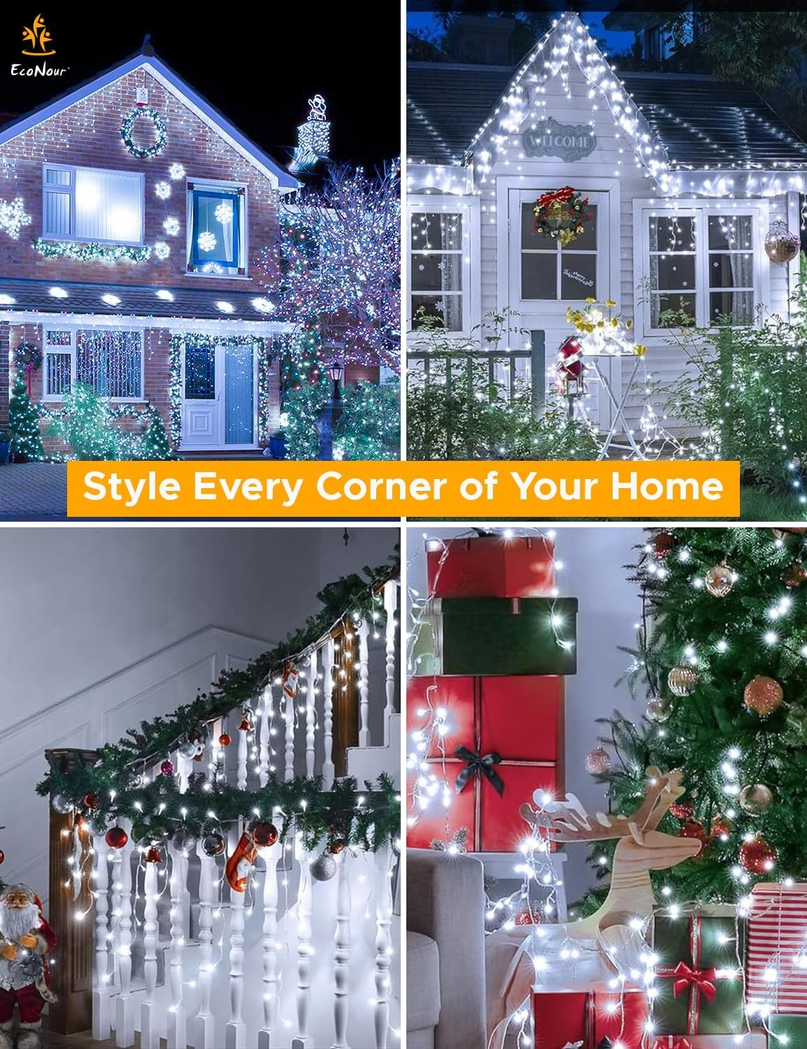 image:imageEcoNour Warm White Easter Icicle Lights for Outside 19685 FT 2000LED Outdoor Icicle Lights with 8 Mode 8HR Timer Memory Function Clear Wire connectable Plug in Fairy Lights for Roofline YardCool White