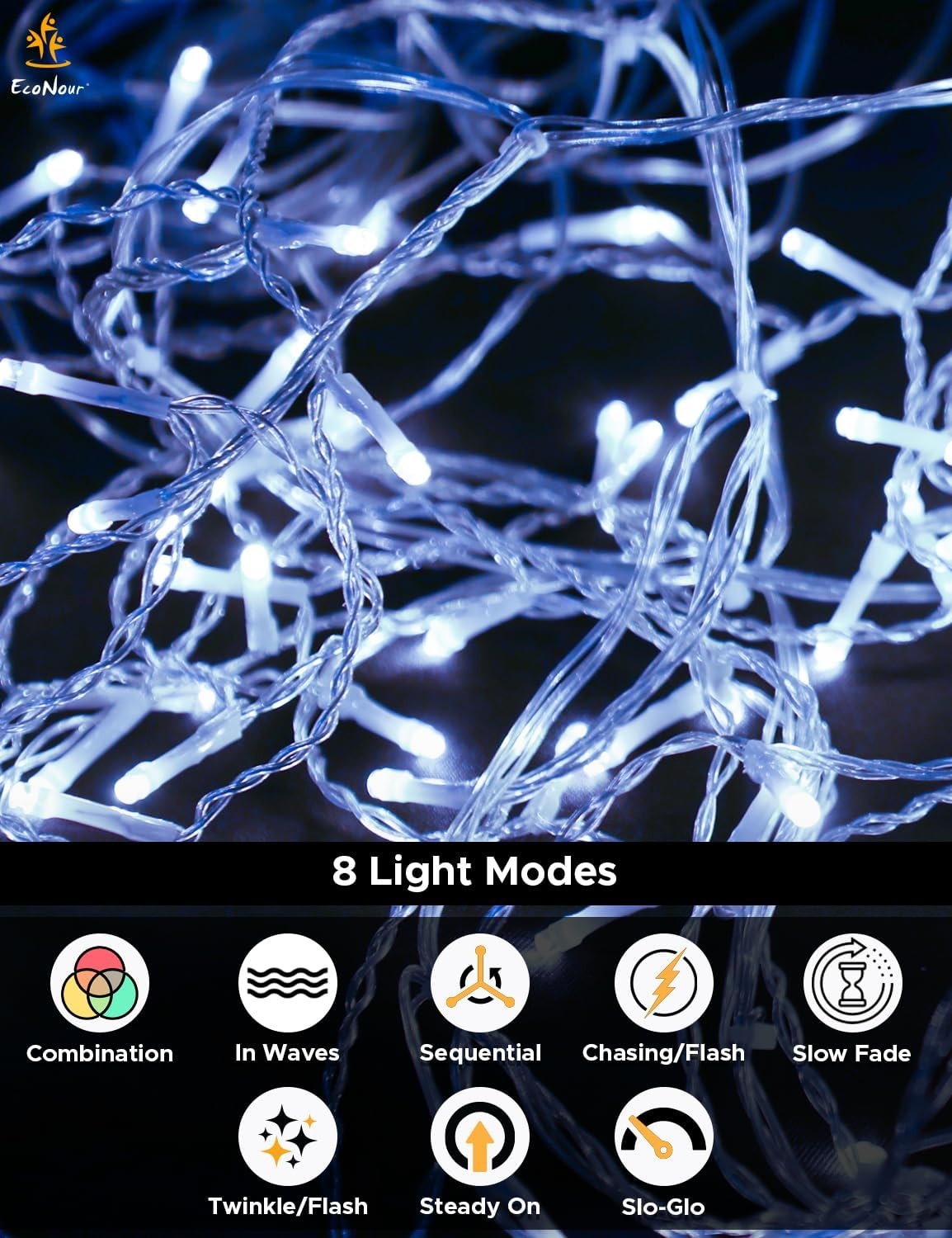 image:imageEcoNour Warm White Easter Icicle Lights for Outside 19685 FT 2000LED Outdoor Icicle Lights with 8 Mode 8HR Timer Memory Function Clear Wire connectable Plug in Fairy Lights for Roofline YardCool White