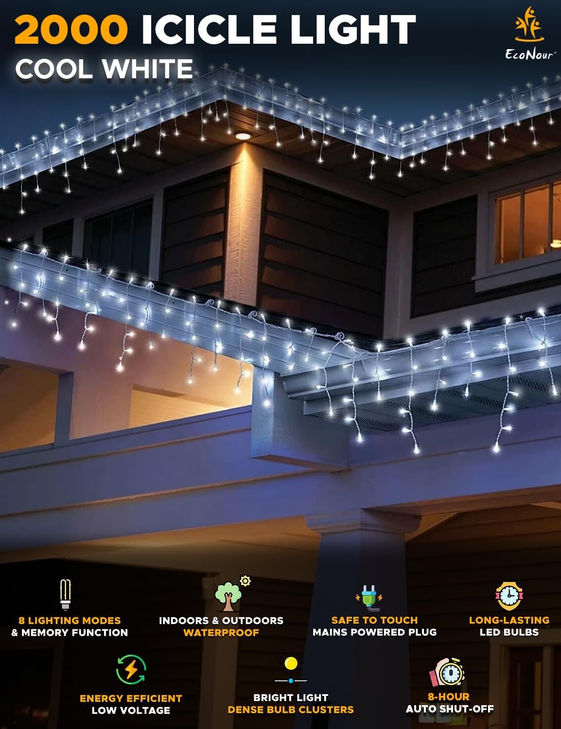 image:imageEcoNour Warm White Easter Icicle Lights for Outside 19685 FT 2000LED Outdoor Icicle Lights with 8 Mode 8HR Timer Memory Function Clear Wire connectable Plug in Fairy Lights for Roofline YardCool White