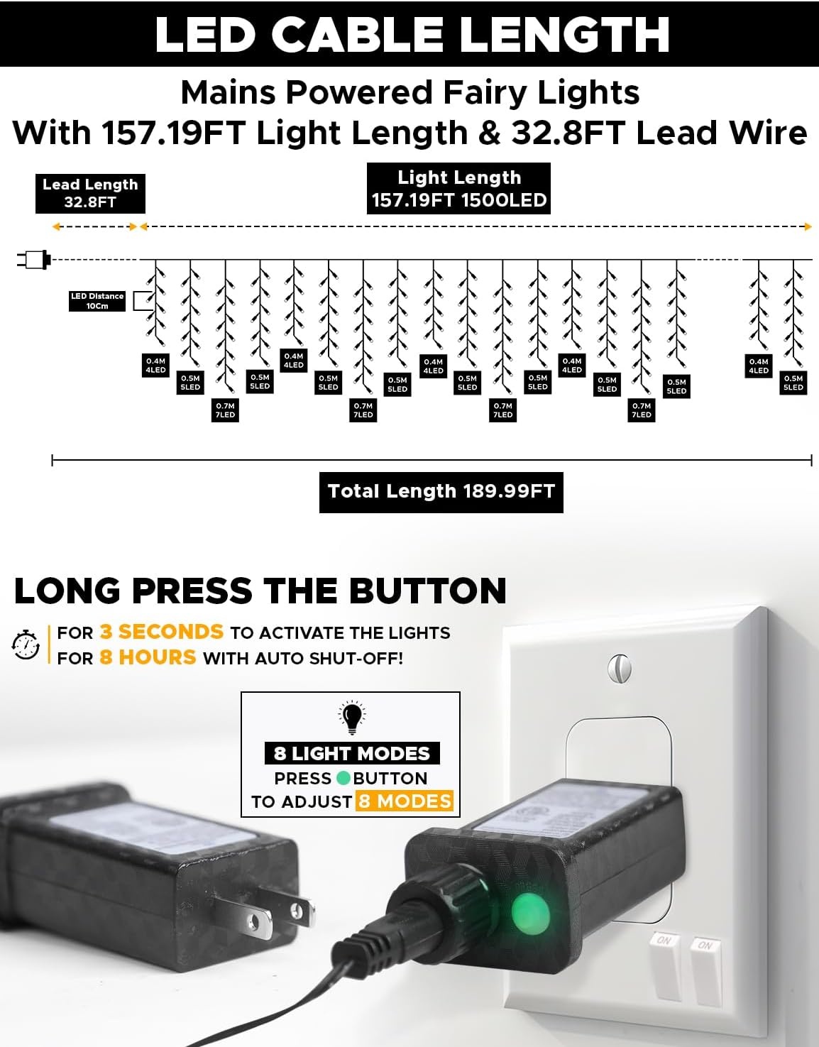 image:imageEcoNour Warm White Easter Icicle Lights for Outside 19685 FT 2000LED Outdoor Icicle Lights with 8 Mode 8HR Timer Memory Function Clear Wire connectable Plug in Fairy Lights for Roofline YardWarm White