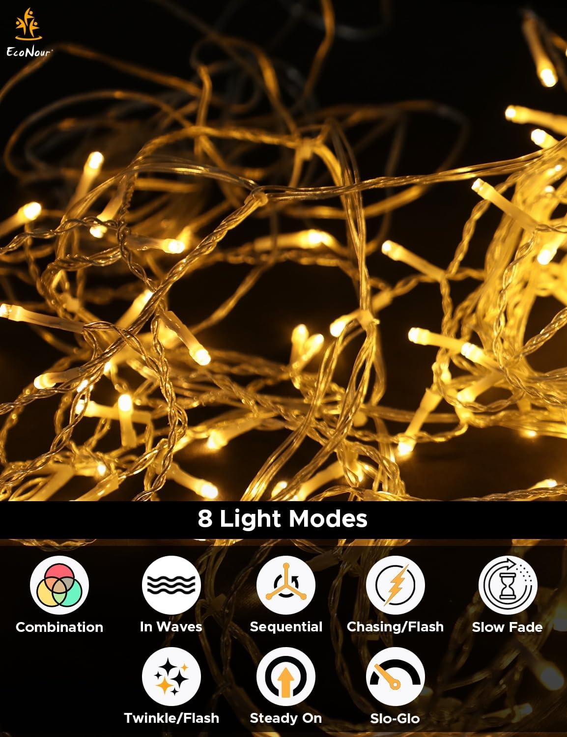 image:imageEcoNour Warm White Easter Icicle Lights for Outside 19685 FT 2000LED Outdoor Icicle Lights with 8 Mode 8HR Timer Memory Function Clear Wire connectable Plug in Fairy Lights for Roofline YardWarm White
