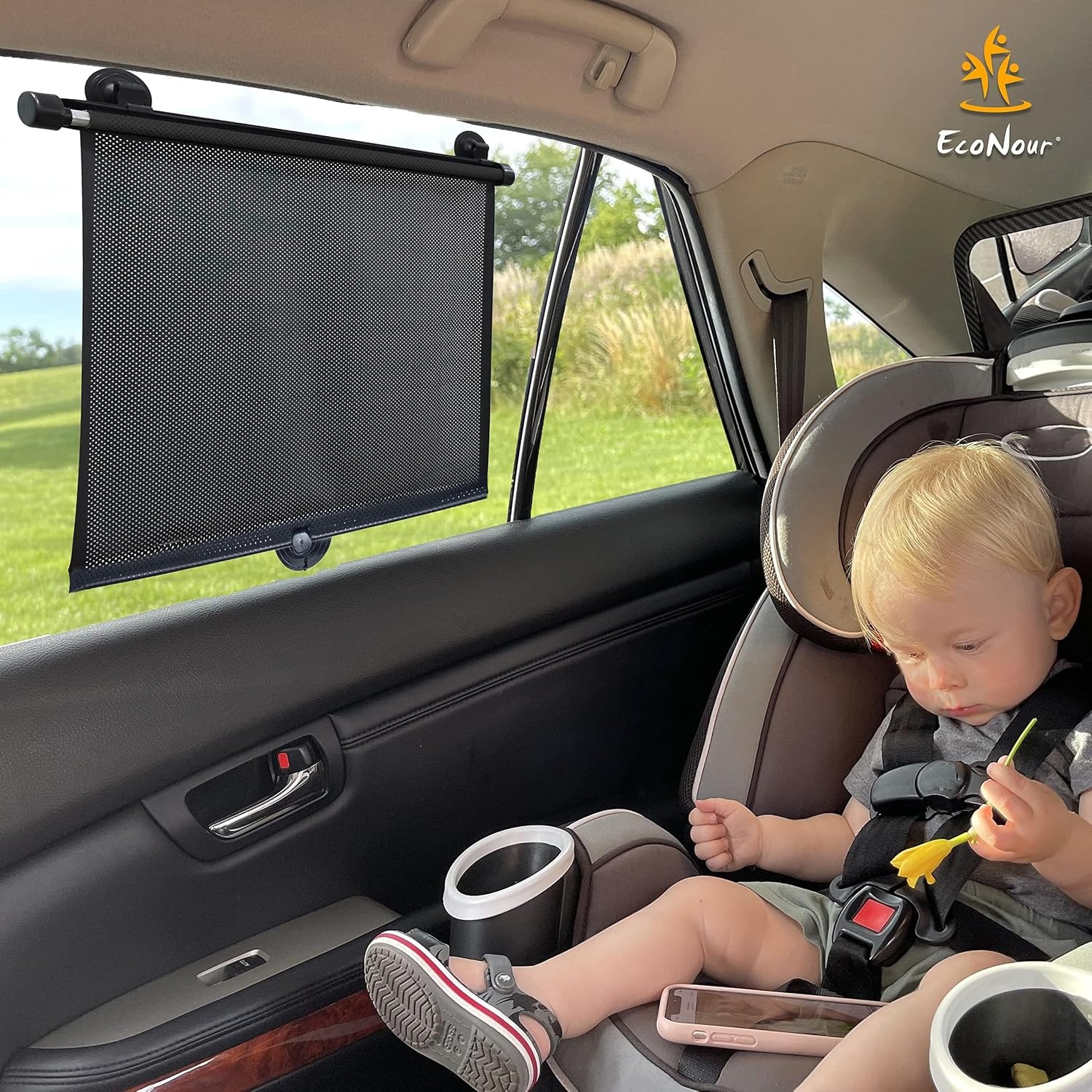 image:imageEcoNour Window Shades for Car Baby 2 Pack Retractable car Window Shade for Baby for Sun Protection for Kids Passengers amp Pets in The Back Seat Car Window Covers for Trucks 20x22Standard4 Pack