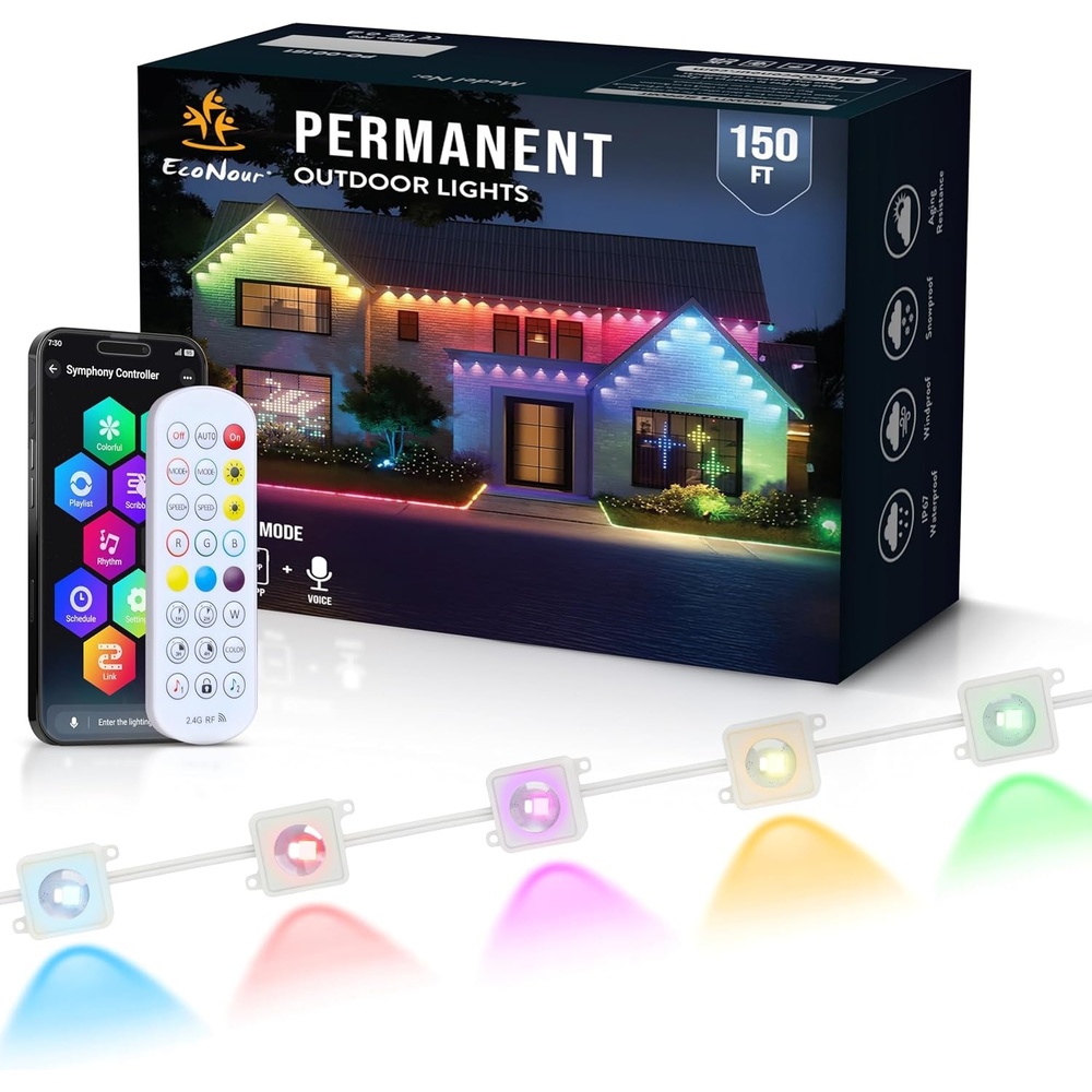image:imageEcoNour 150 FT RGB Smart Permanent Outdoor Lights  Waterproof LED Eaves Lights with App amp Remote Control  Colorful RGB Light with Music Sync  Smart Outdoor LED Christmas Light with Festive EffectsRGB 150FT