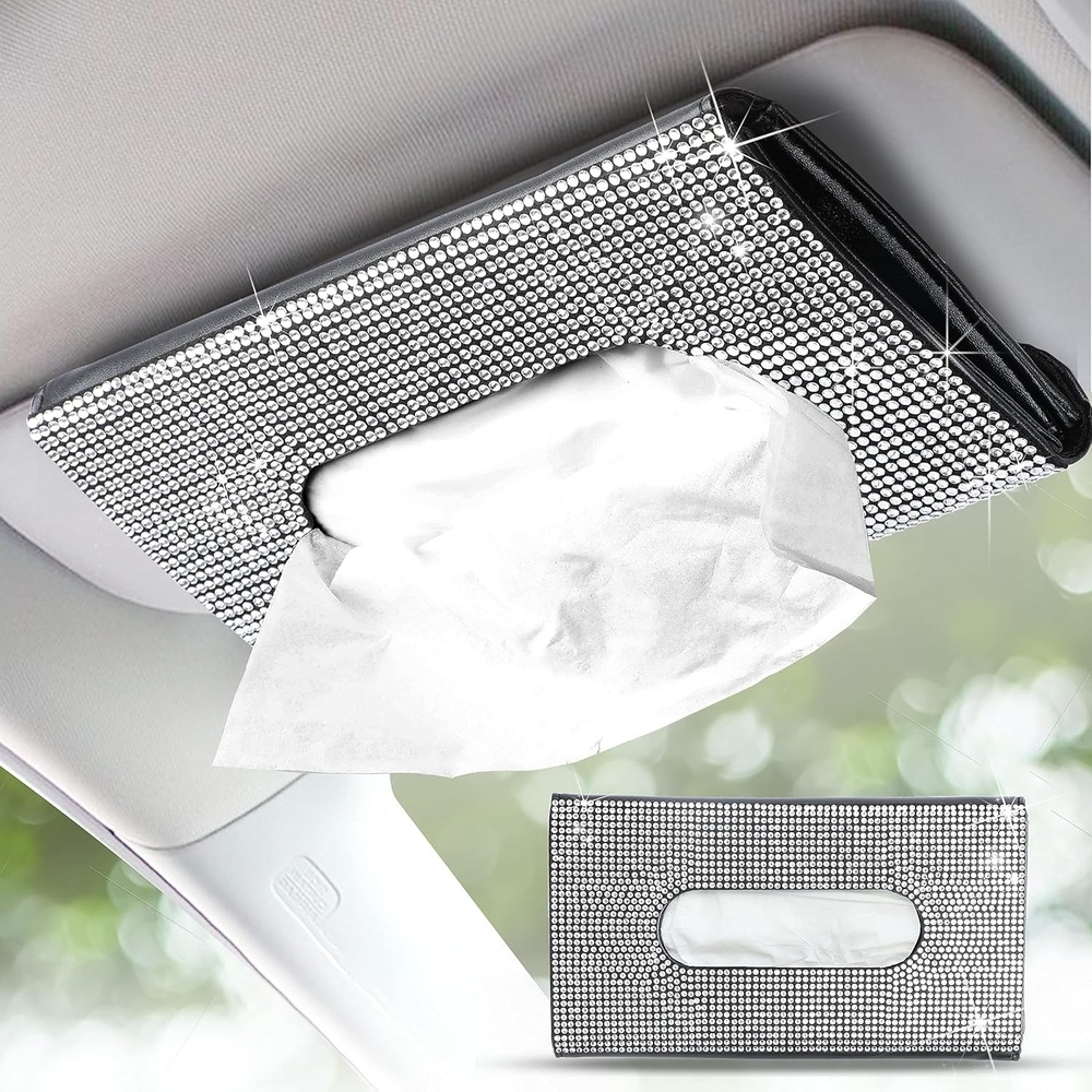 image:imageEcoNour Bling Car Crystal Glitter Paper Towel Holder PU Leather Case Mask amp Tissue Dispenser Bling Accessories for Women Sun Visor Organizer with Tissue HolderSilver