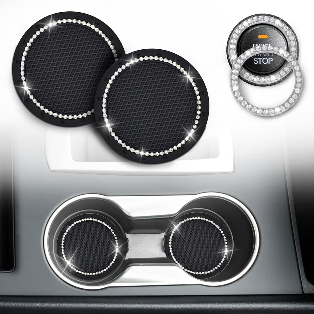 image:imageEcoNour Bling Cup Holder Insert 2 Pack with Push Start Button Ring  1 Pack 275 Inch Silicone Coaster Pad and 15 Inch Ring with Elegant Crystal Rhinestone  Car Interior Accessories Black