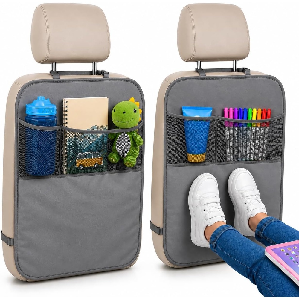 image:imageEcoNour Car Kick Mats Back Seat Protector 2 PackCar Seat Protector Backseat Organizer with Storage Pockets for KidsWaterproof Back Seat CoverDirtMud amp Scratch Protection Travel AccessoriesGrey 22 Inch