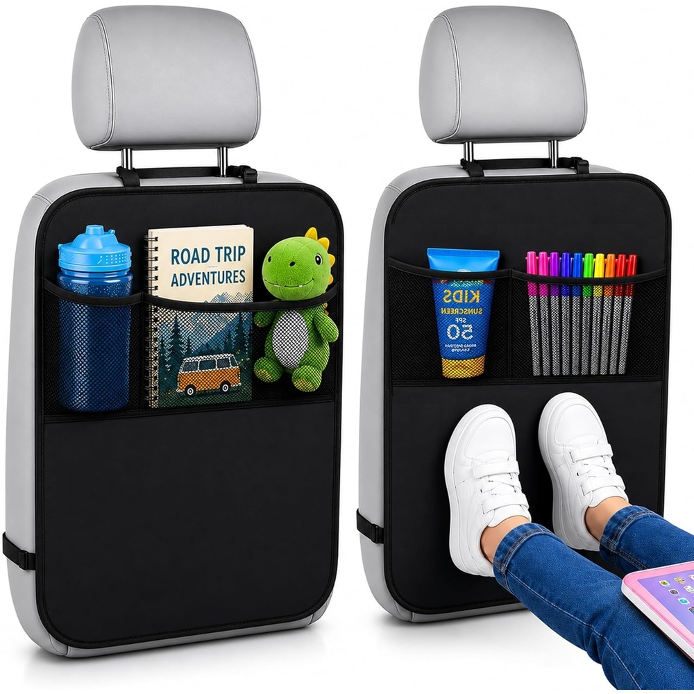 image:imageEcoNour Car Kick Mats Back Seat Protector 2 PackCar Seat Protector Backseat Organizer with Storage Pockets for KidsWaterproof Back Seat CoverDirtMud amp Scratch Protection Travel AccessoriesBlack 27 Inch